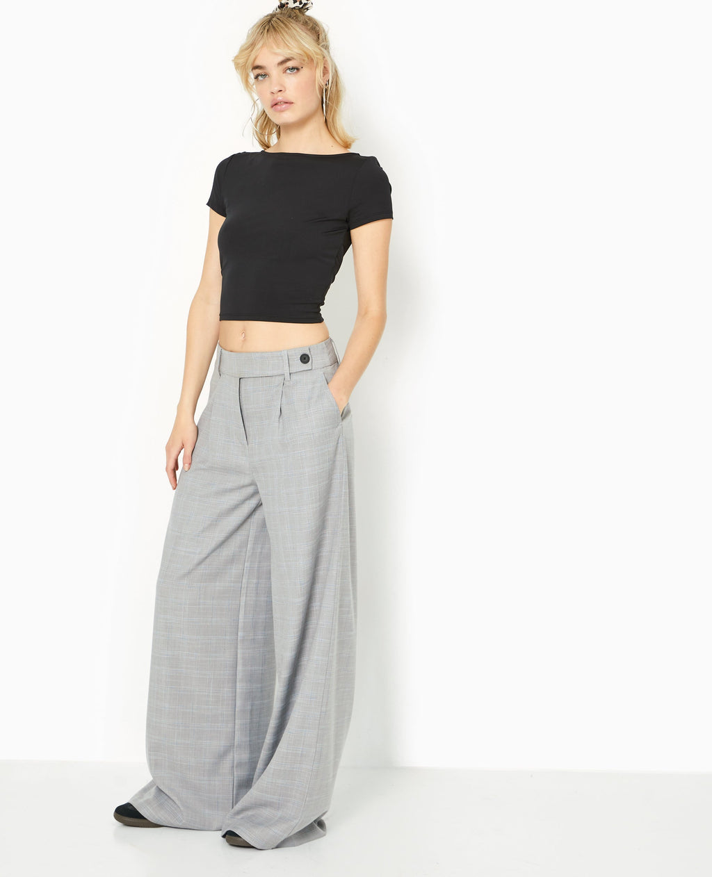 Pantalon large taille haute motif carreaux