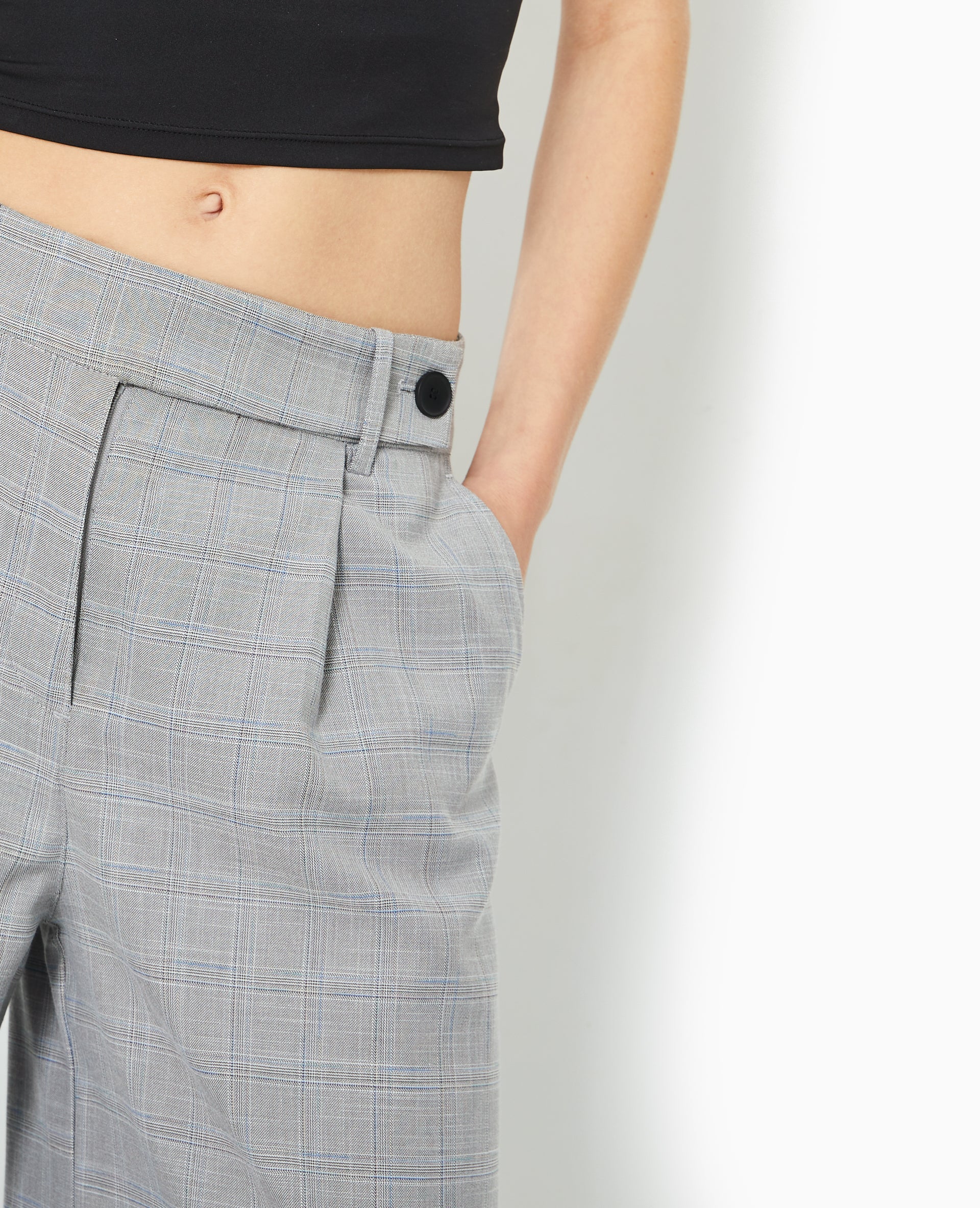 Pantalon large taille haute motif carreaux