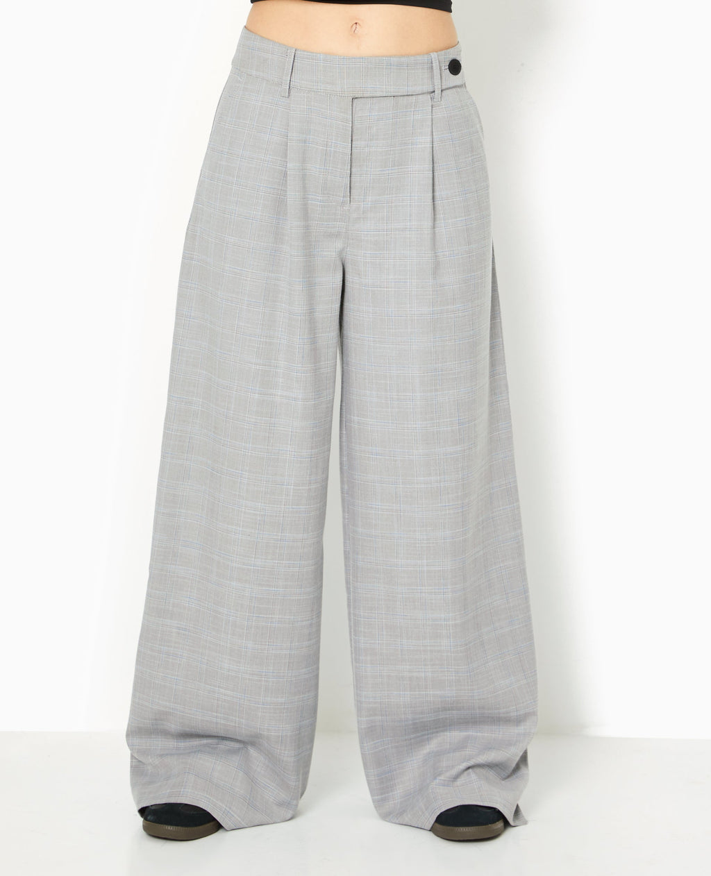 Pantalon large taille haute motif carreaux