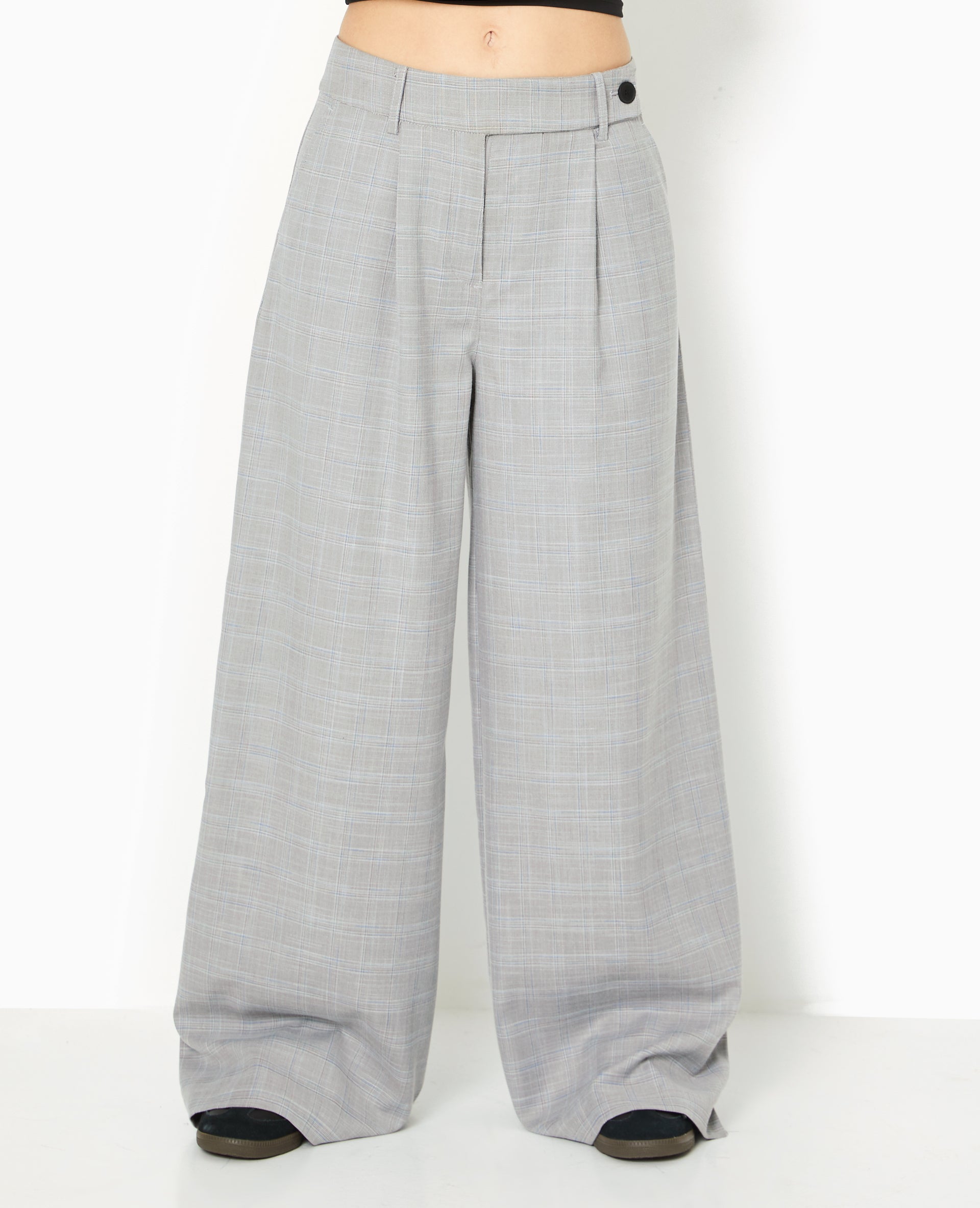 Pantalon large taille haute motif carreaux