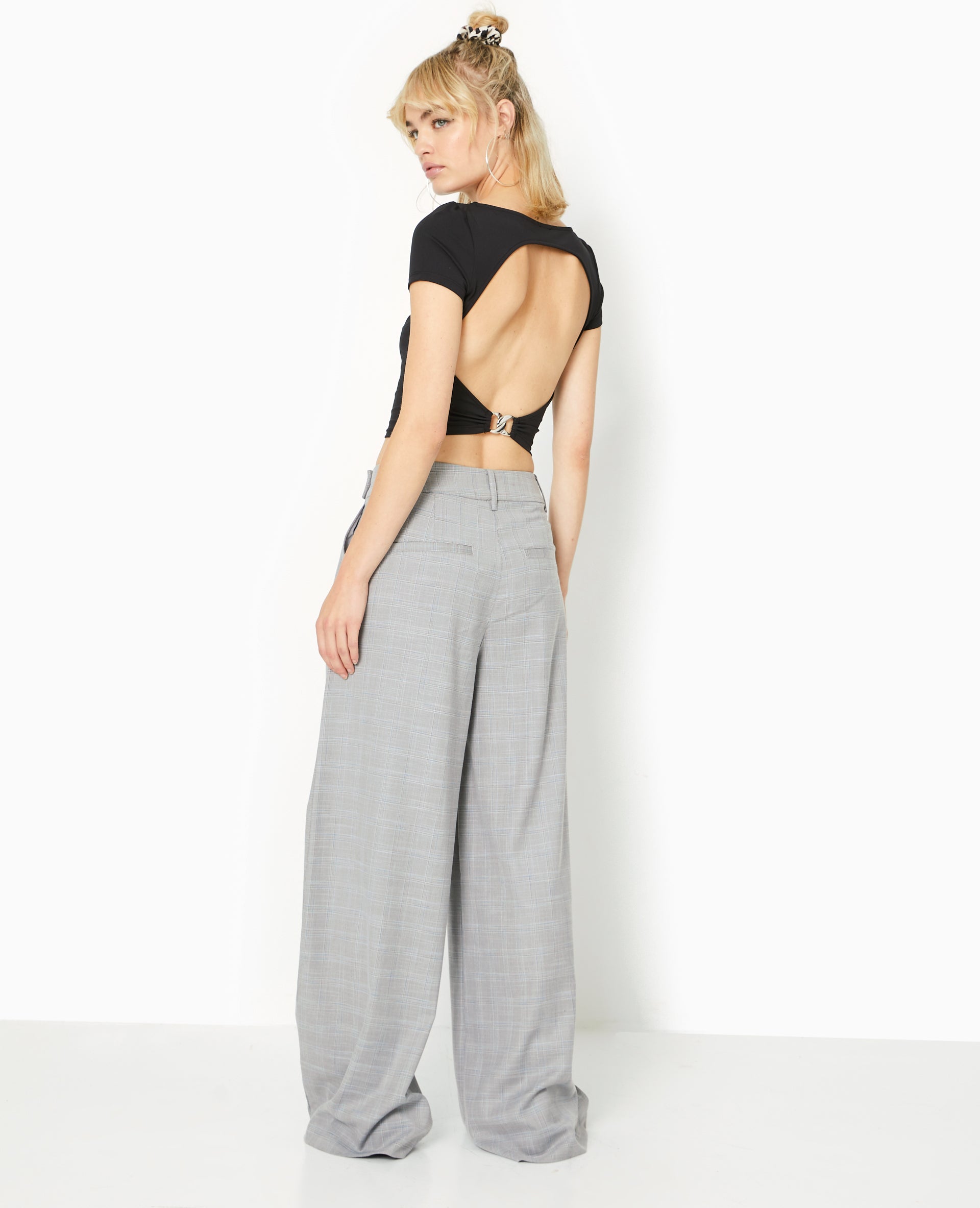 Pantalon large taille haute motif carreaux