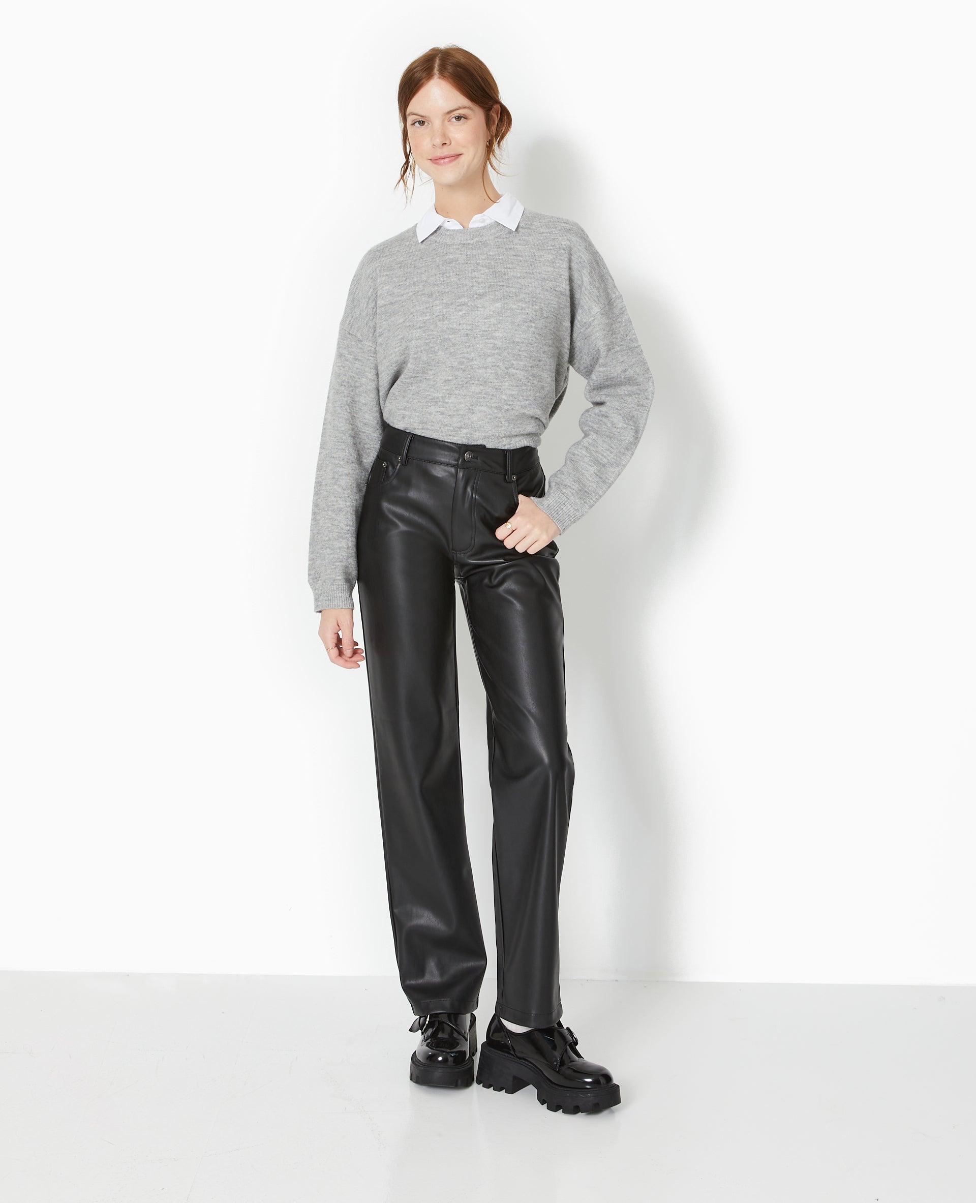 Pantalon droit taille haute en simili cuir