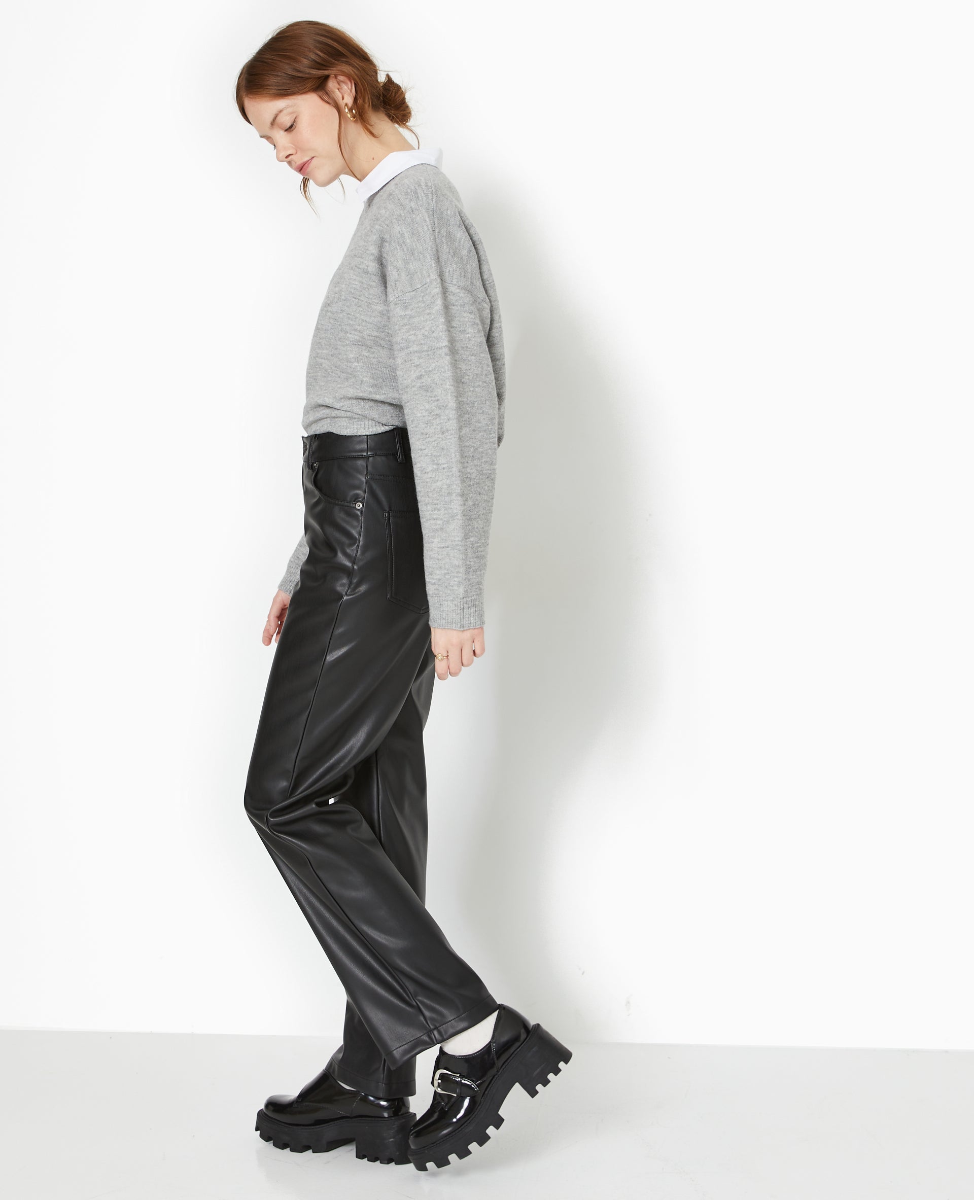 Pantalon droit taille haute en simili cuir