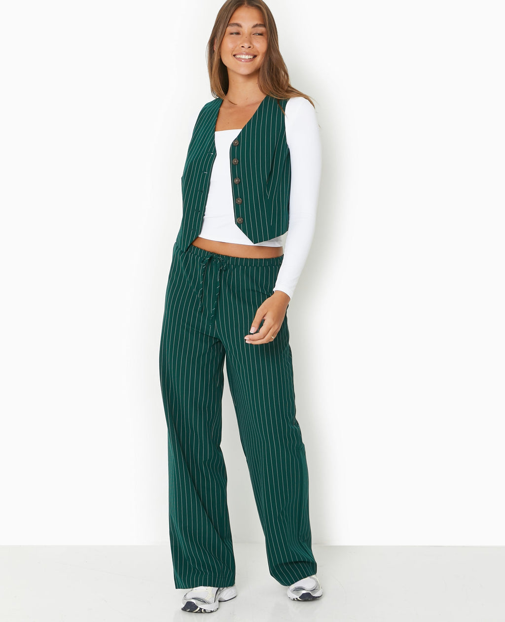 Pantalon droit taille élastiquée rayures banquier