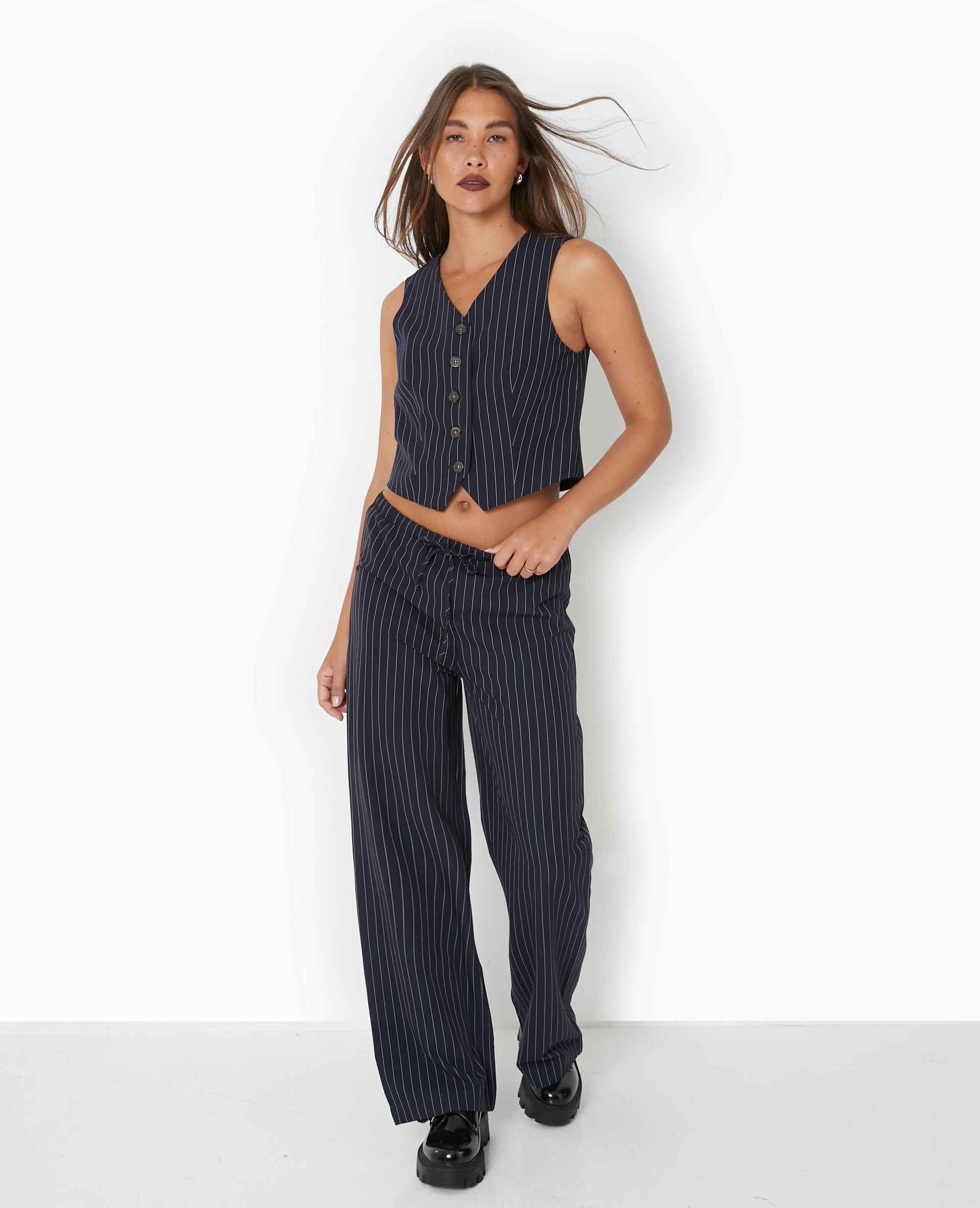 Pantalon droit taille élastiquée rayures banquier