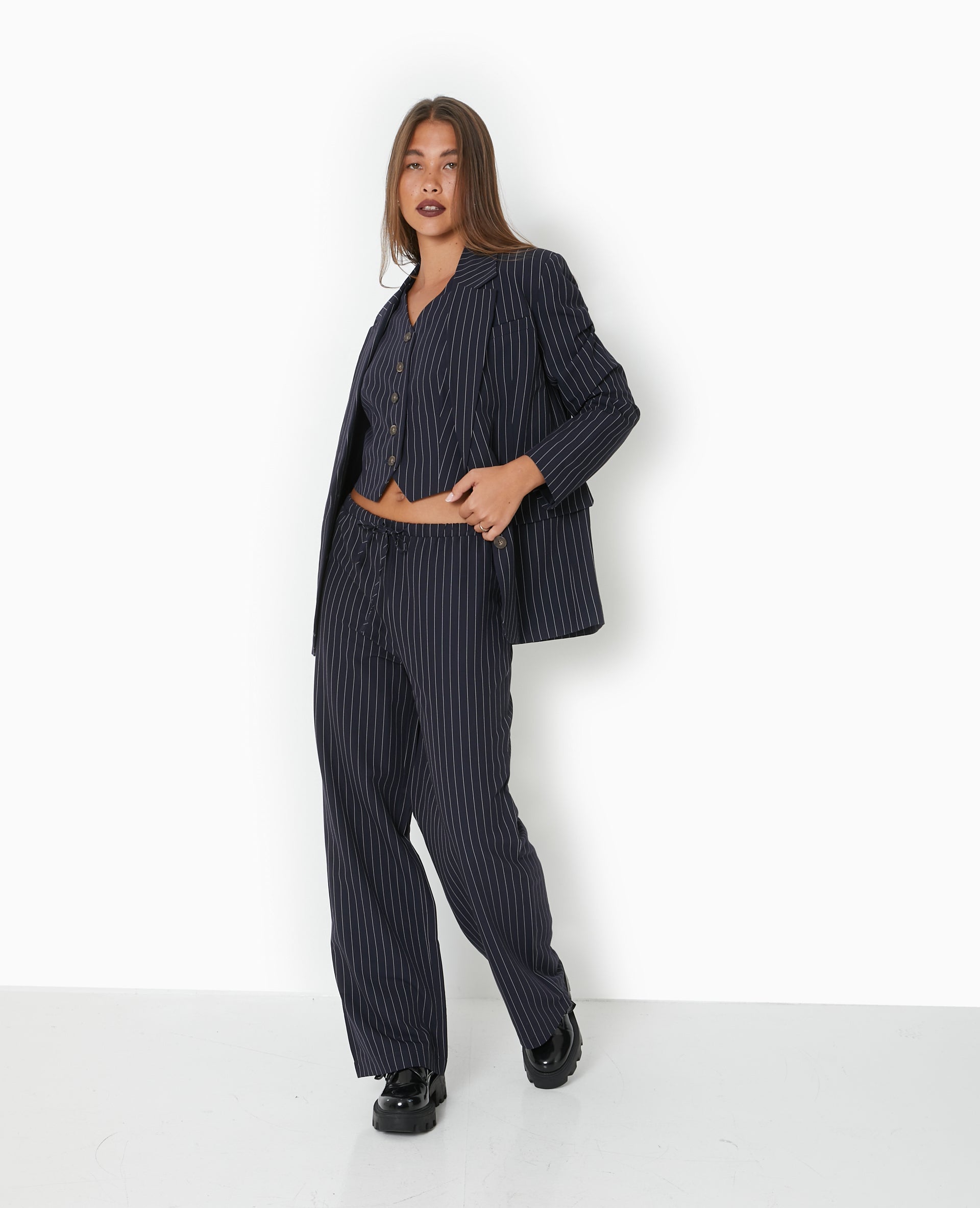 Pantalon droit taille élastiquée rayures banquier