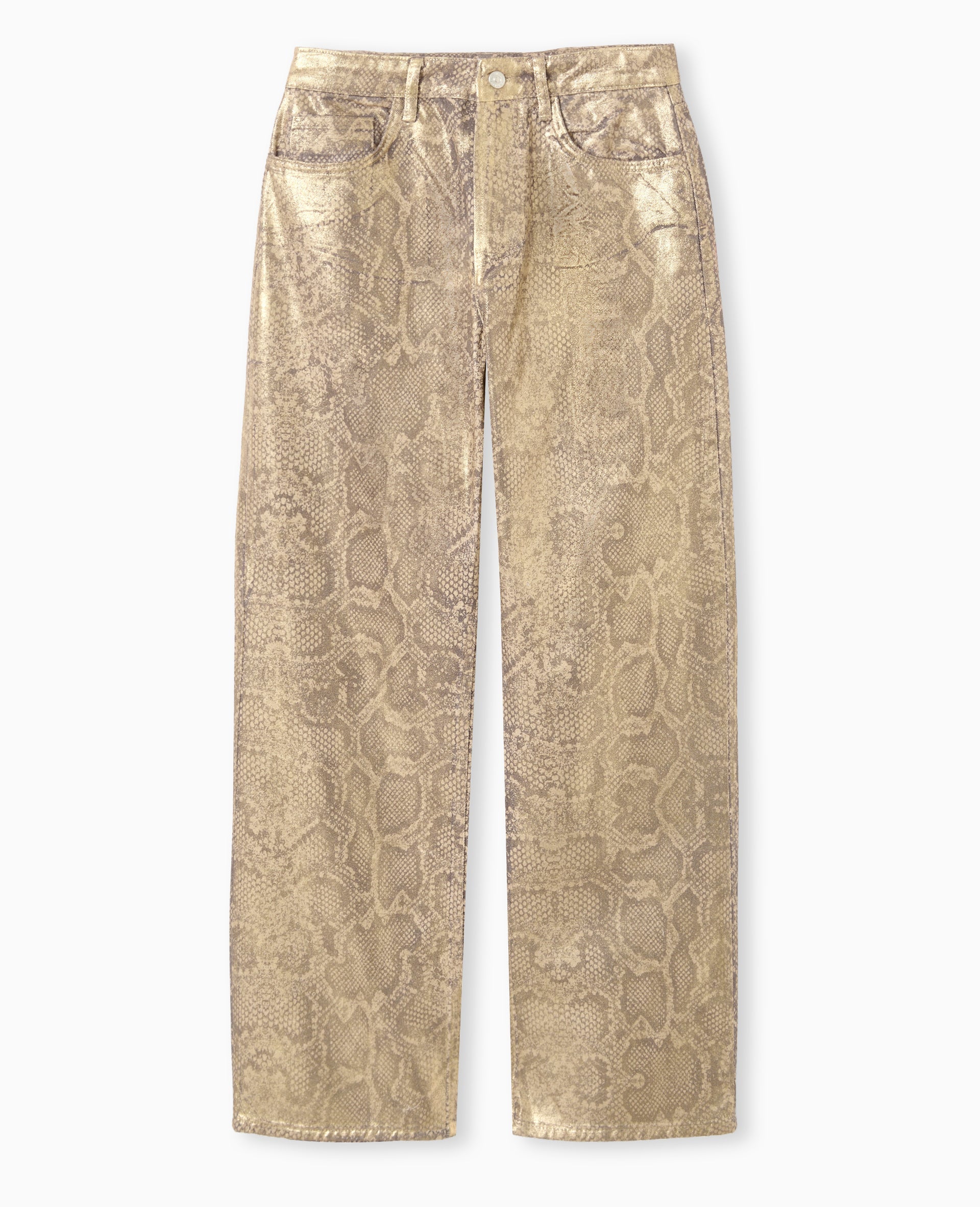 Jean droit motif python enduit doré