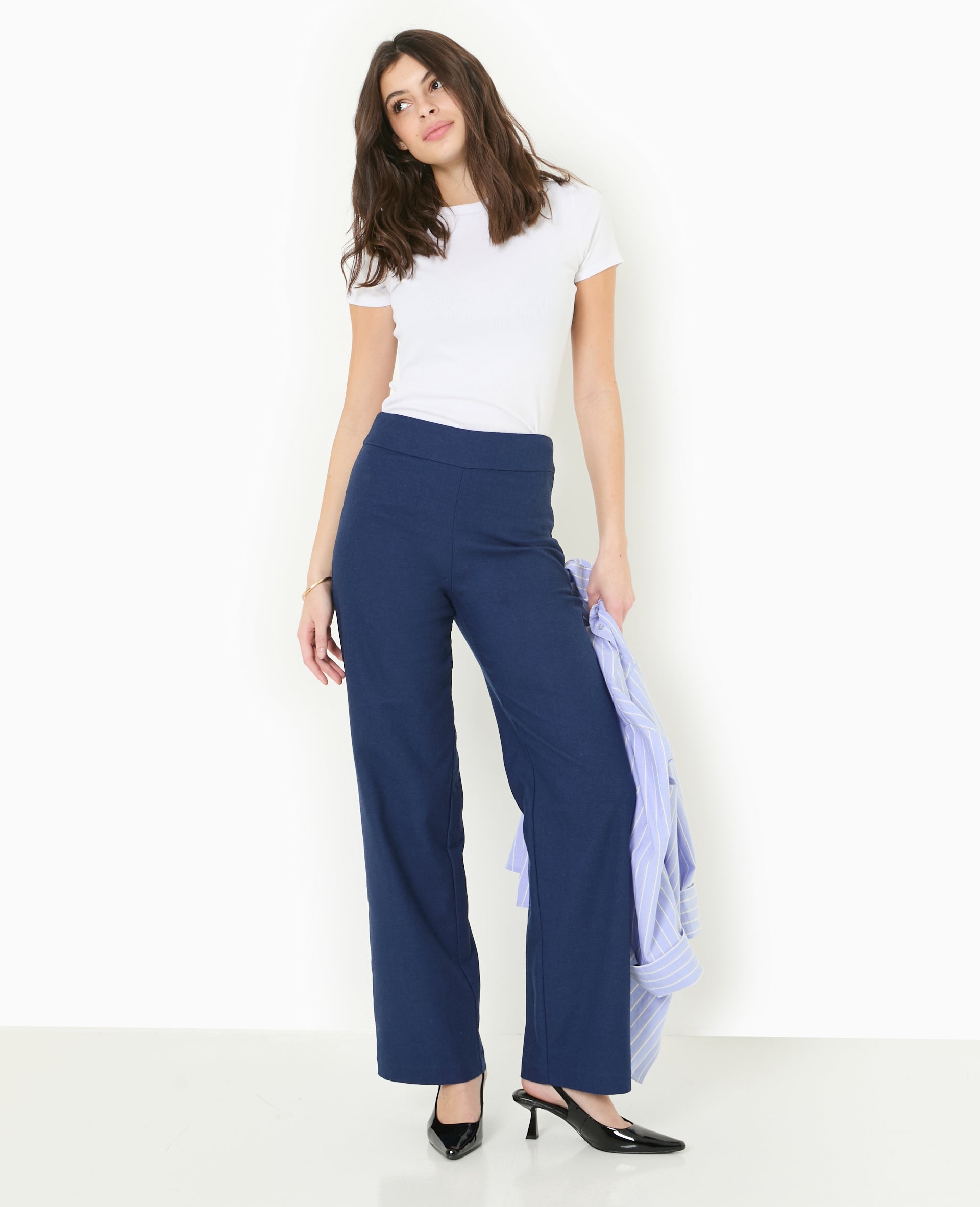 Pantalon droit taille haute avec lin