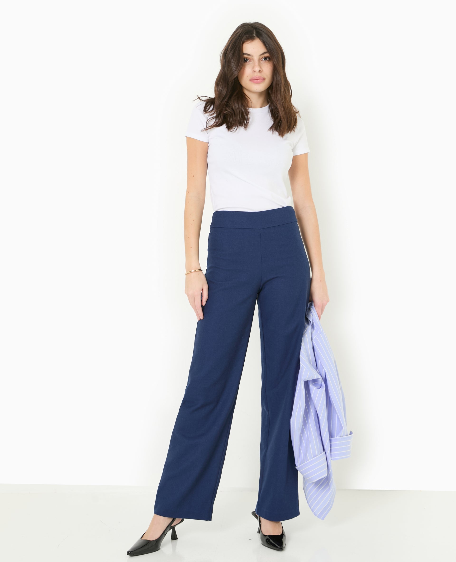 Pantalon droit taille haute avec lin