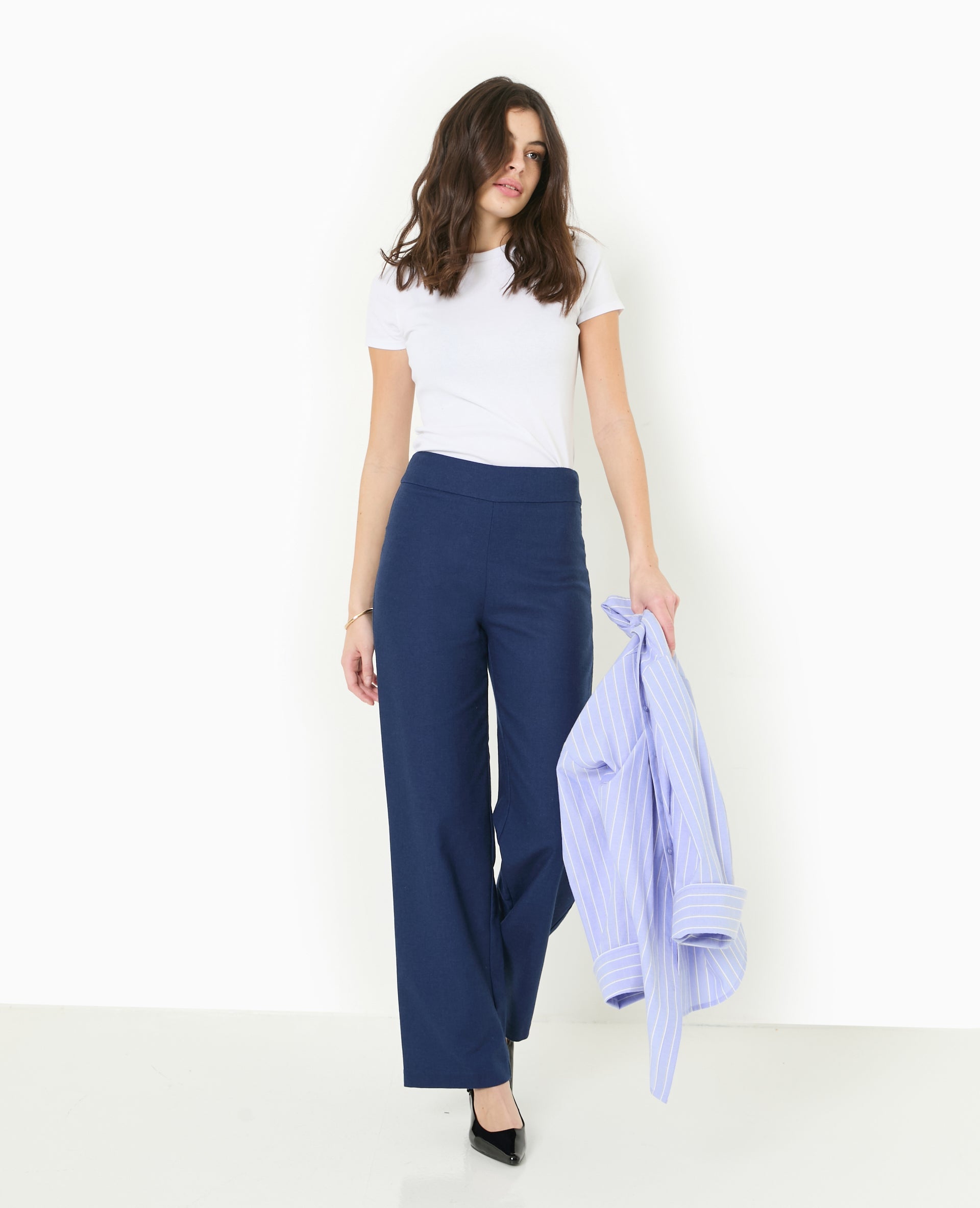 Pantalon droit taille haute avec lin