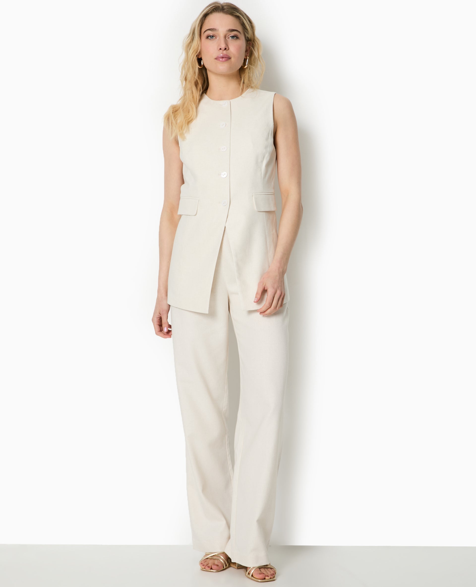 Pantalon droit taille haute avec lin