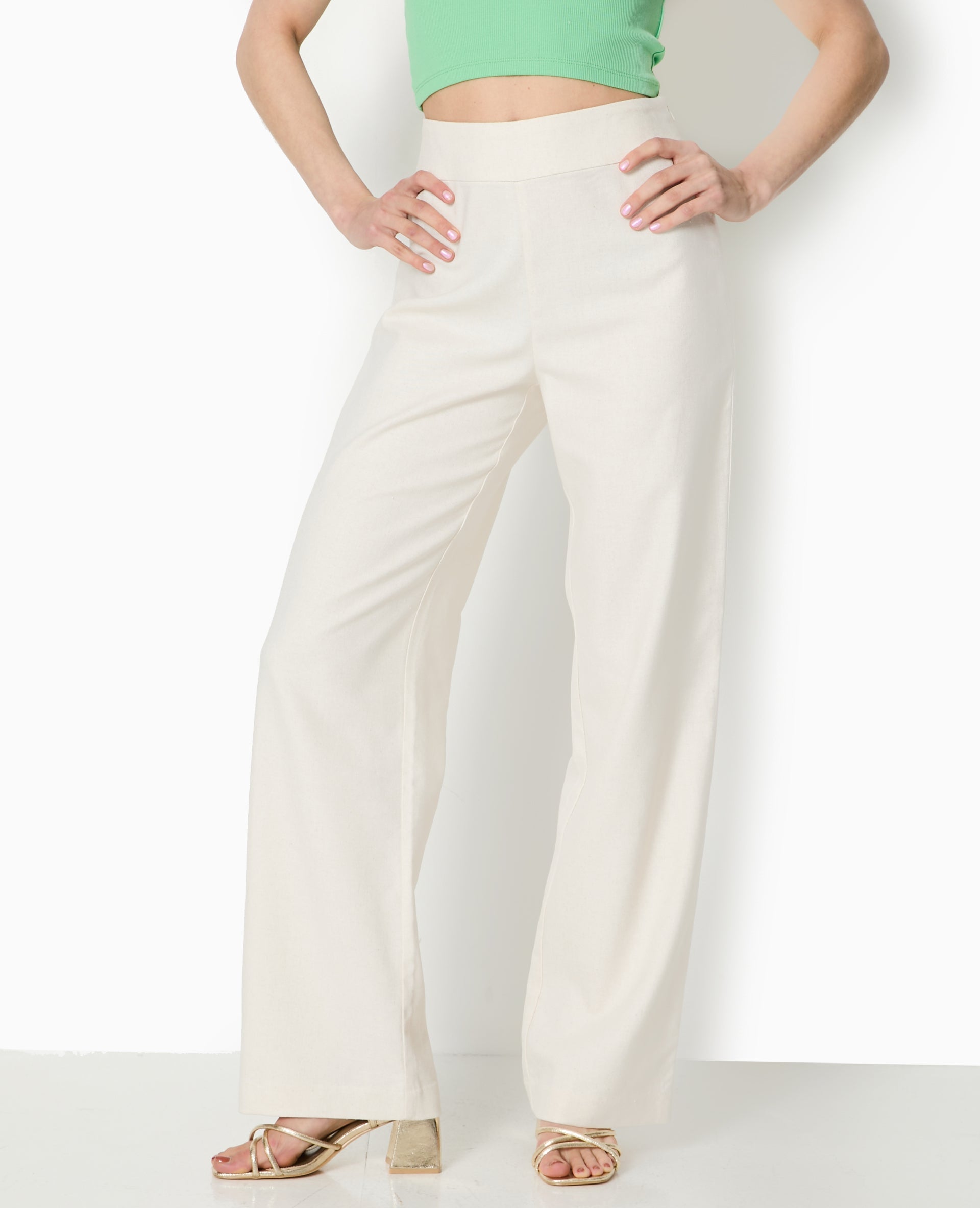 Pantalon droit taille haute avec lin