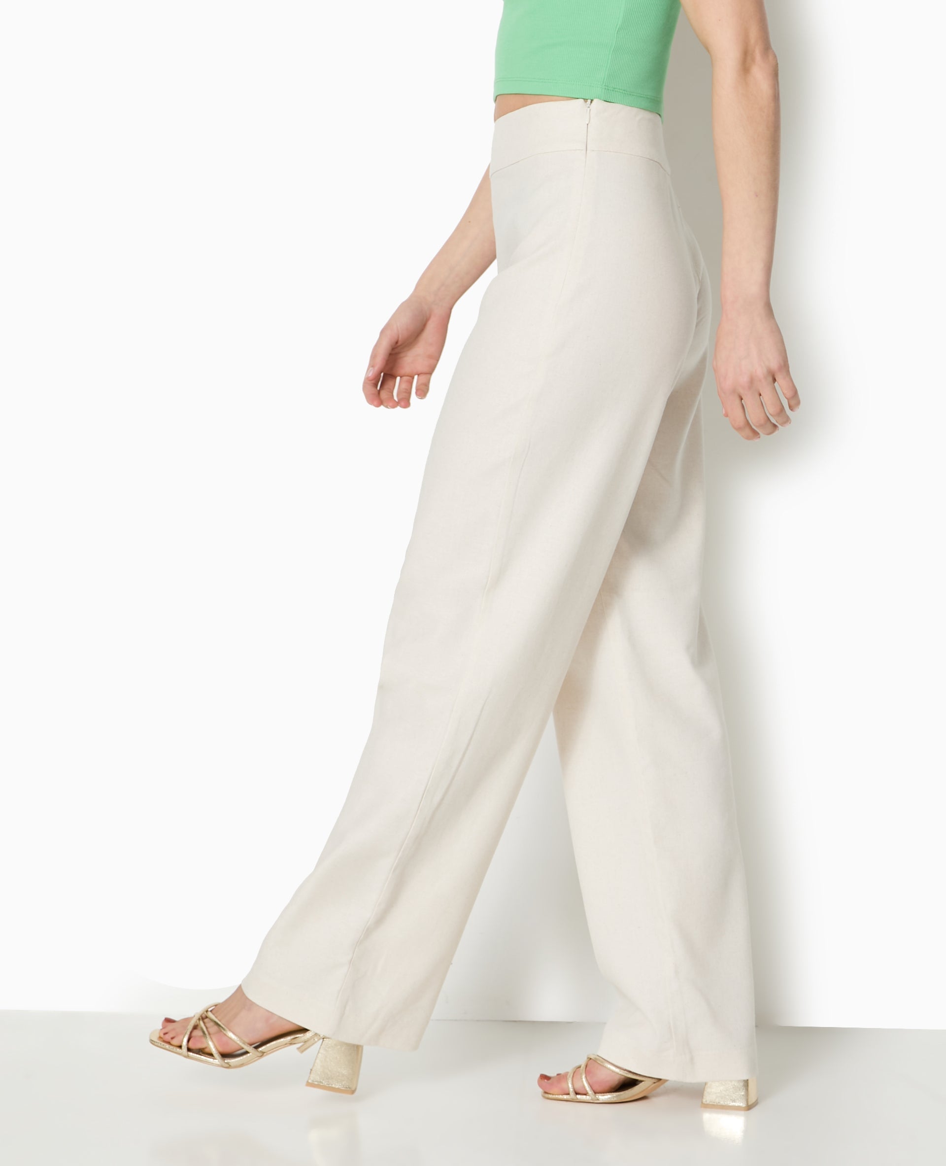 Pantalon droit taille haute avec lin