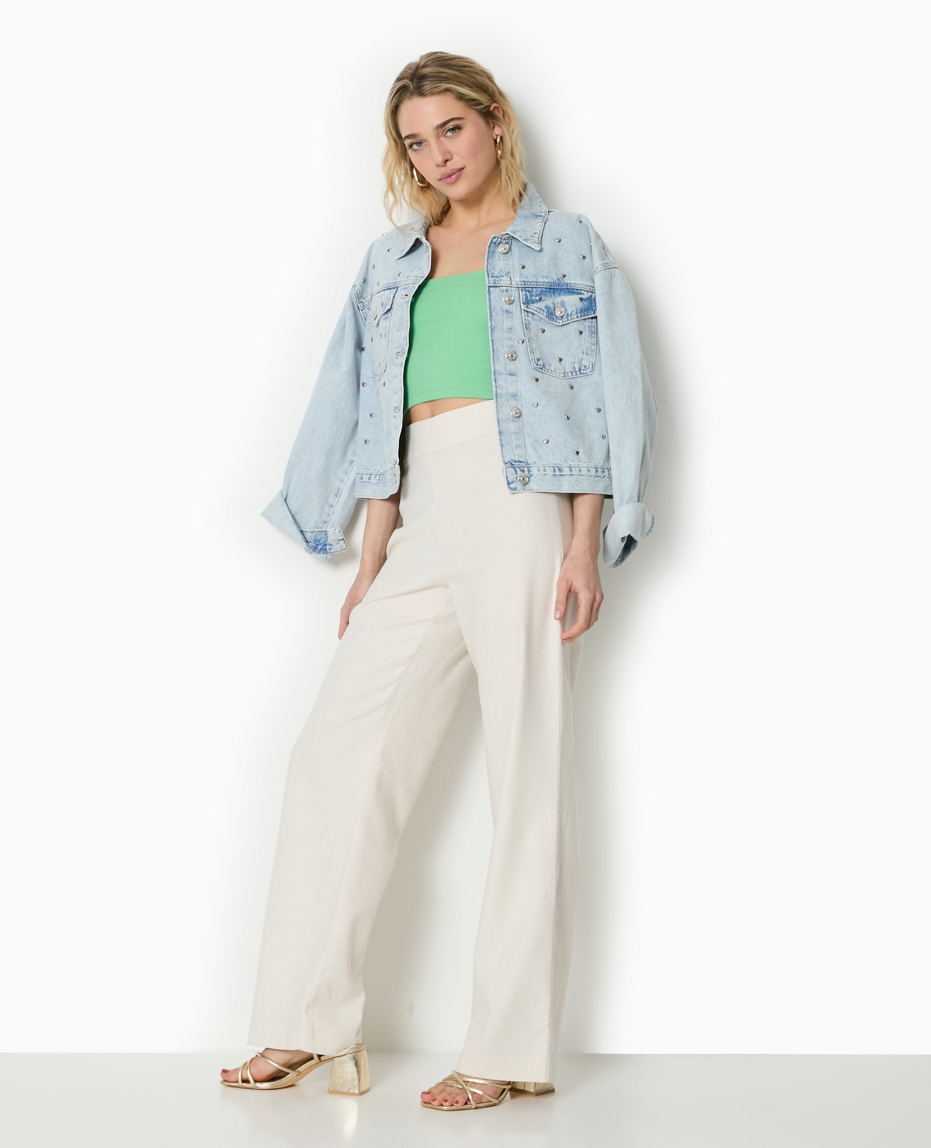 Pantalon droit taille haute avec lin