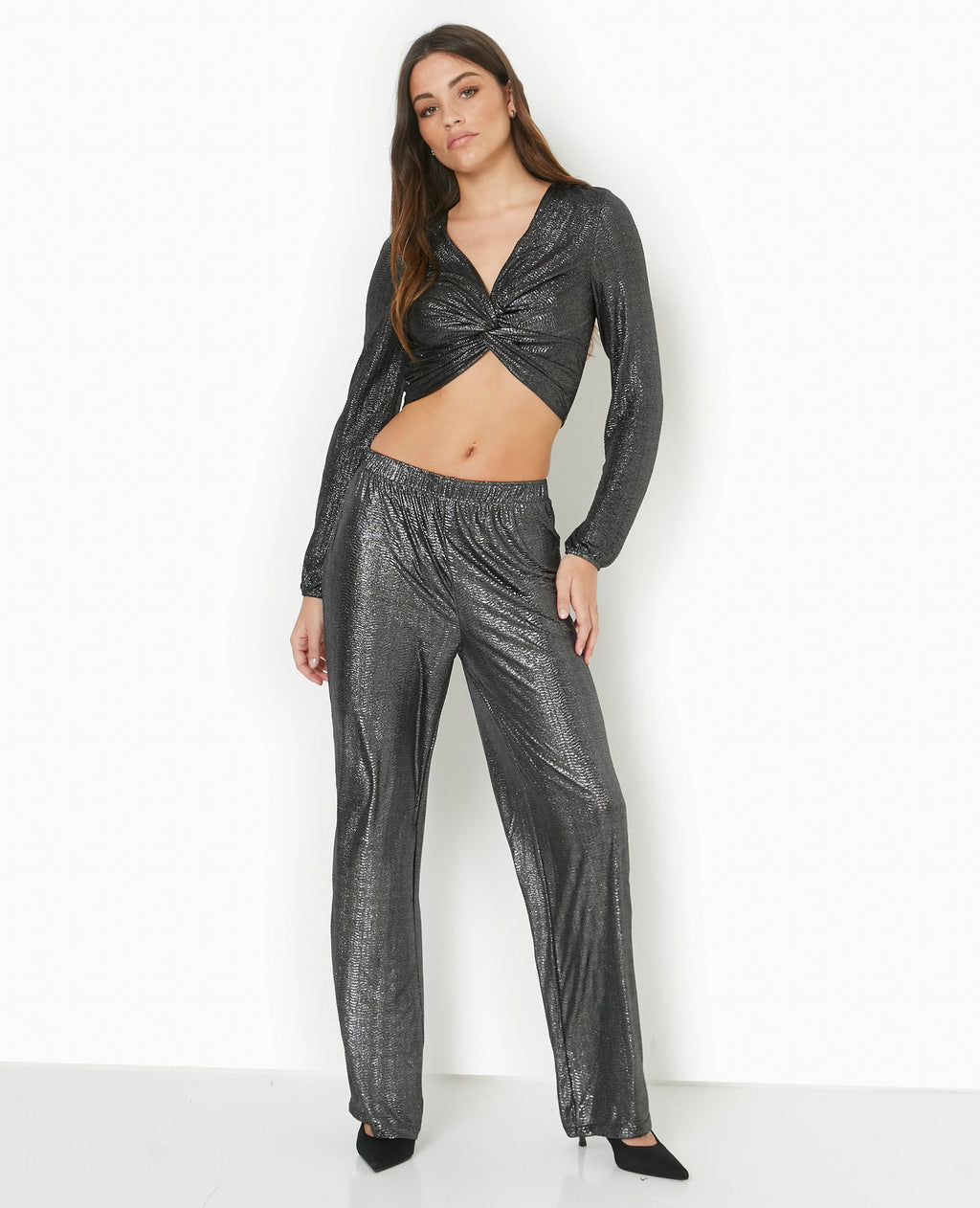 Pantalon fluide en tissu texturé avec lurex doré