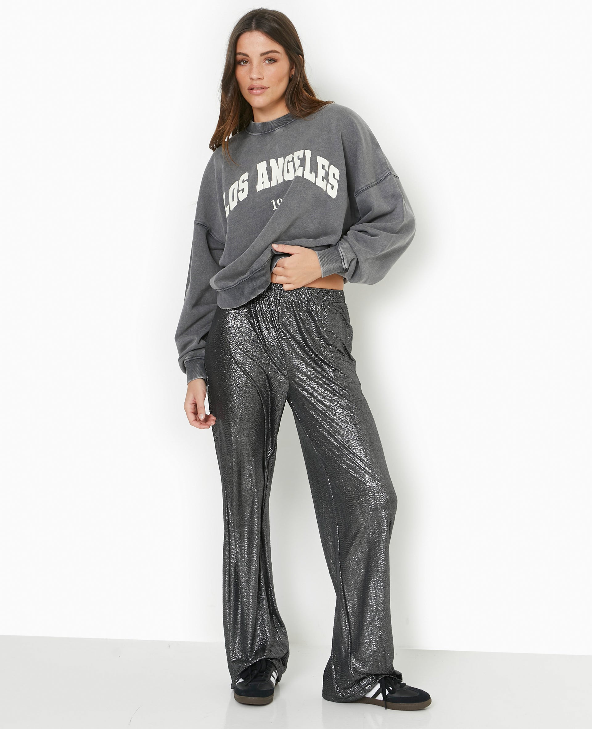 Pantalon fluide en tissu texturé avec lurex doré