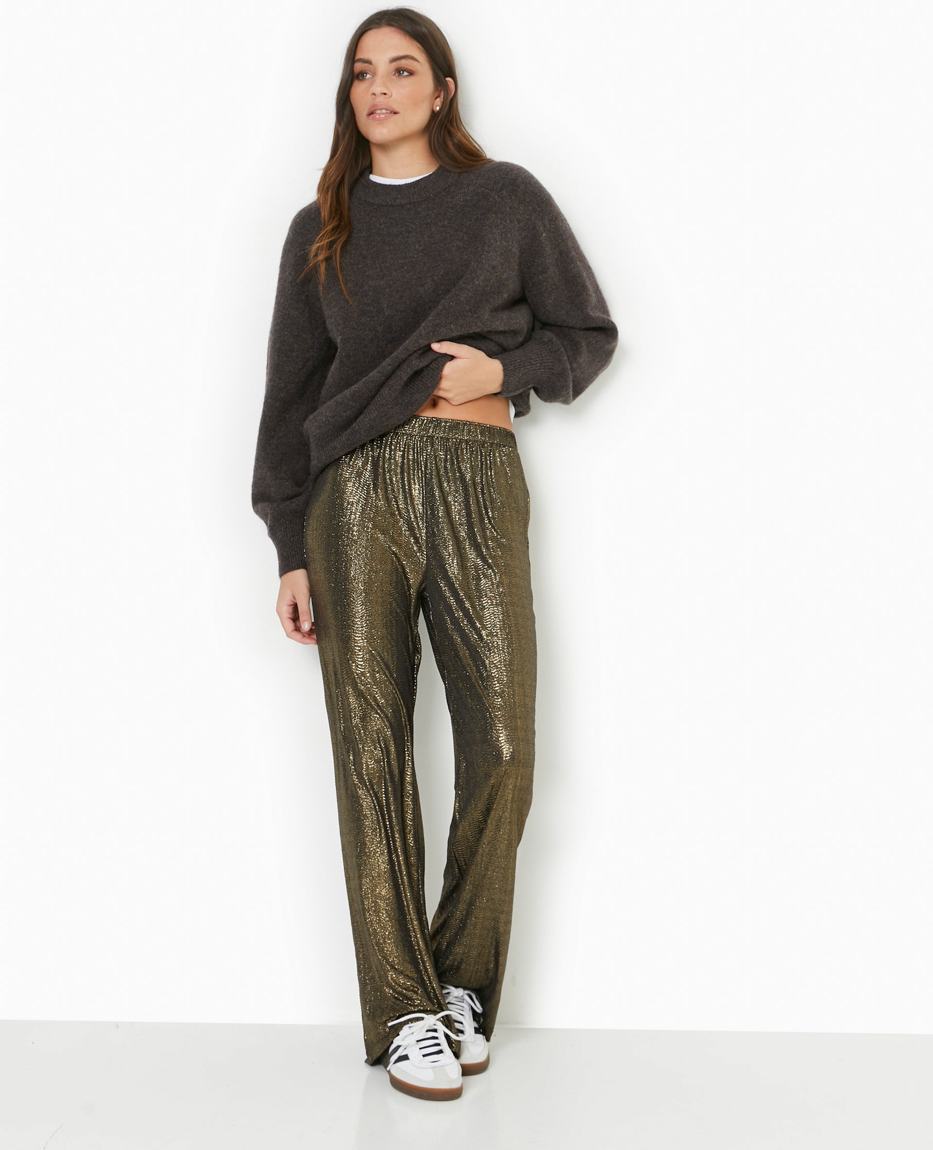 Pantalon fluide en tissu texturé avec lurex argenté