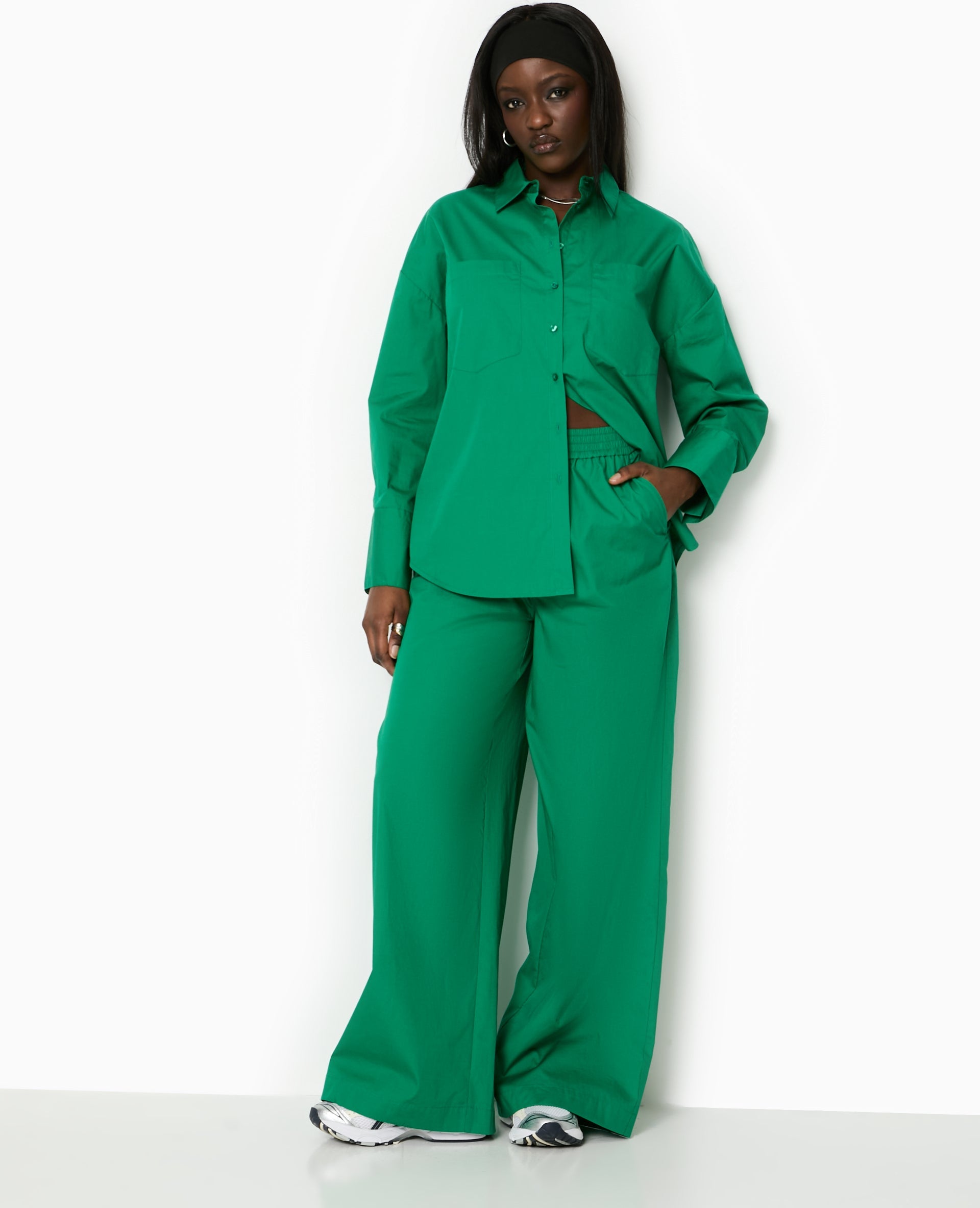 Pantalon large en popeline taille élastiquée