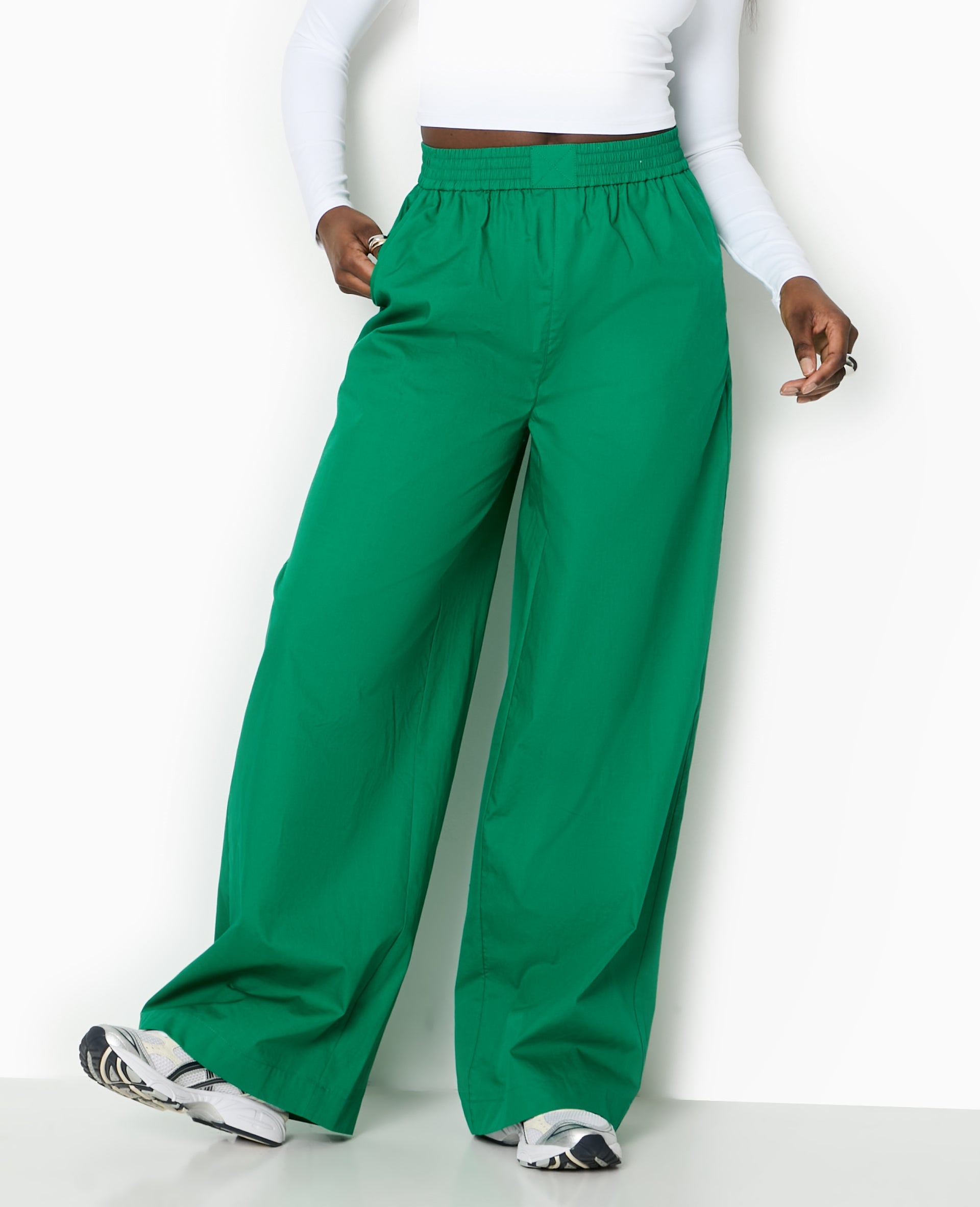Pantalon large en popeline taille élastiquée