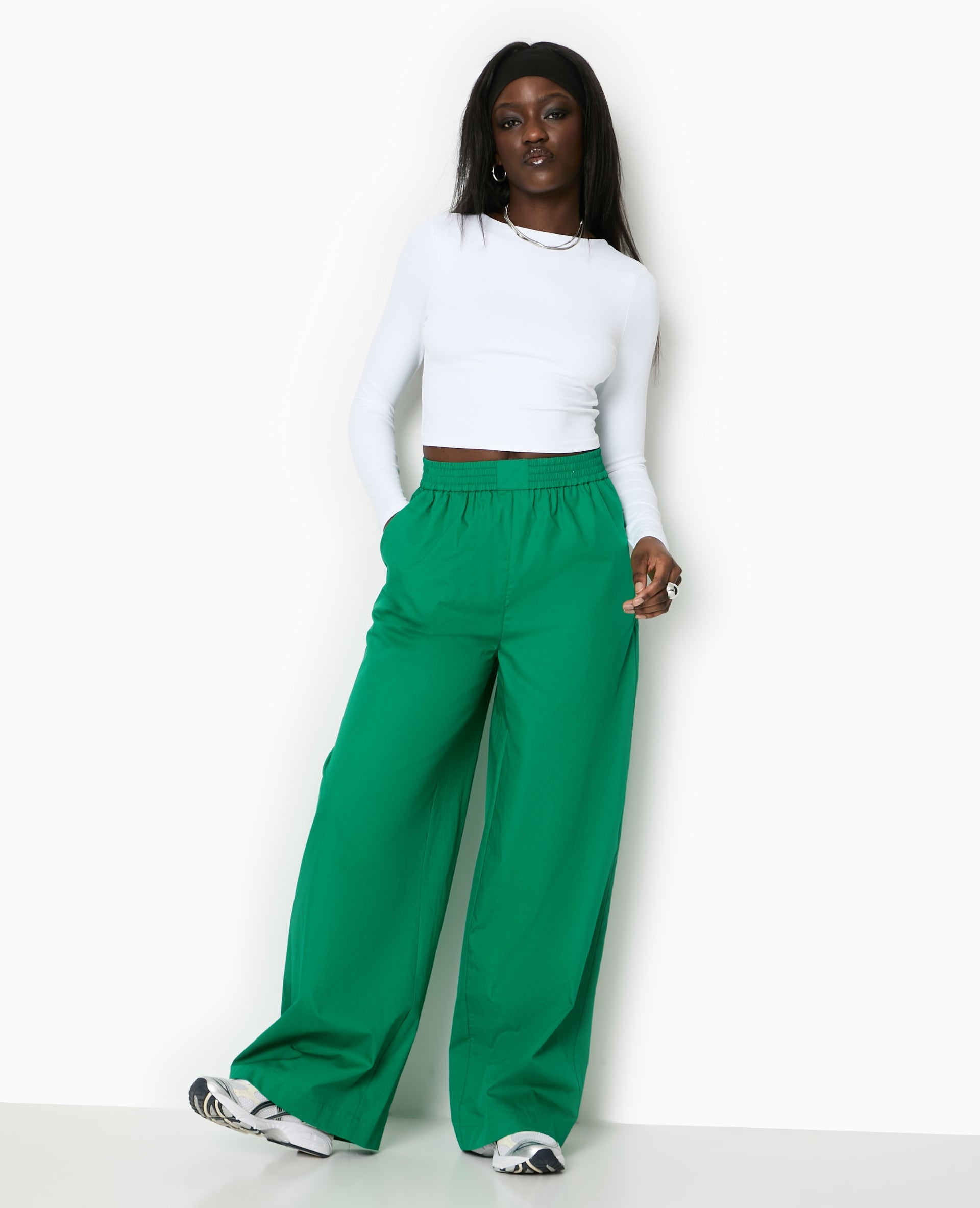 Pantalon large en popeline taille élastiquée