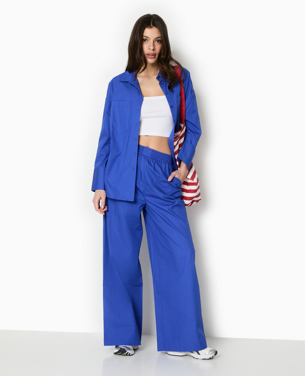 Pantalon large en popeline taille élastiquée