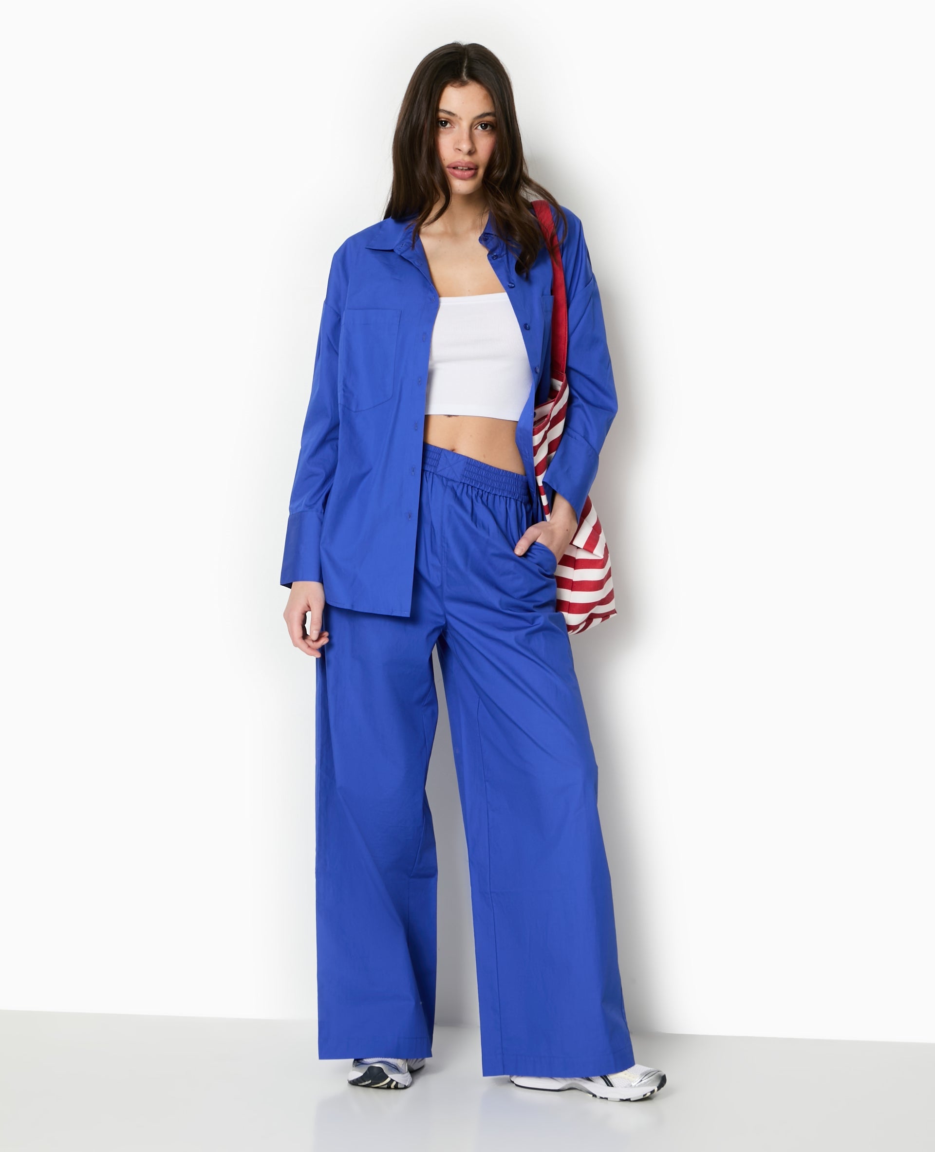 Pantalon large en popeline taille élastiquée