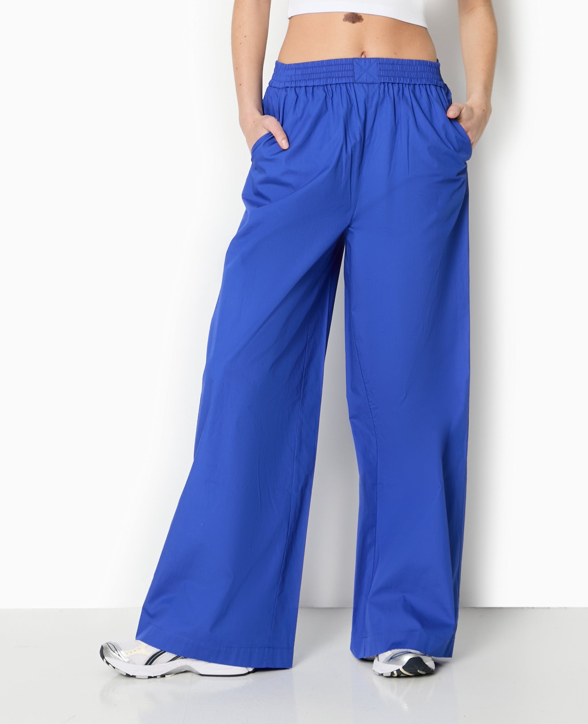 Pantalon large en popeline taille élastiquée