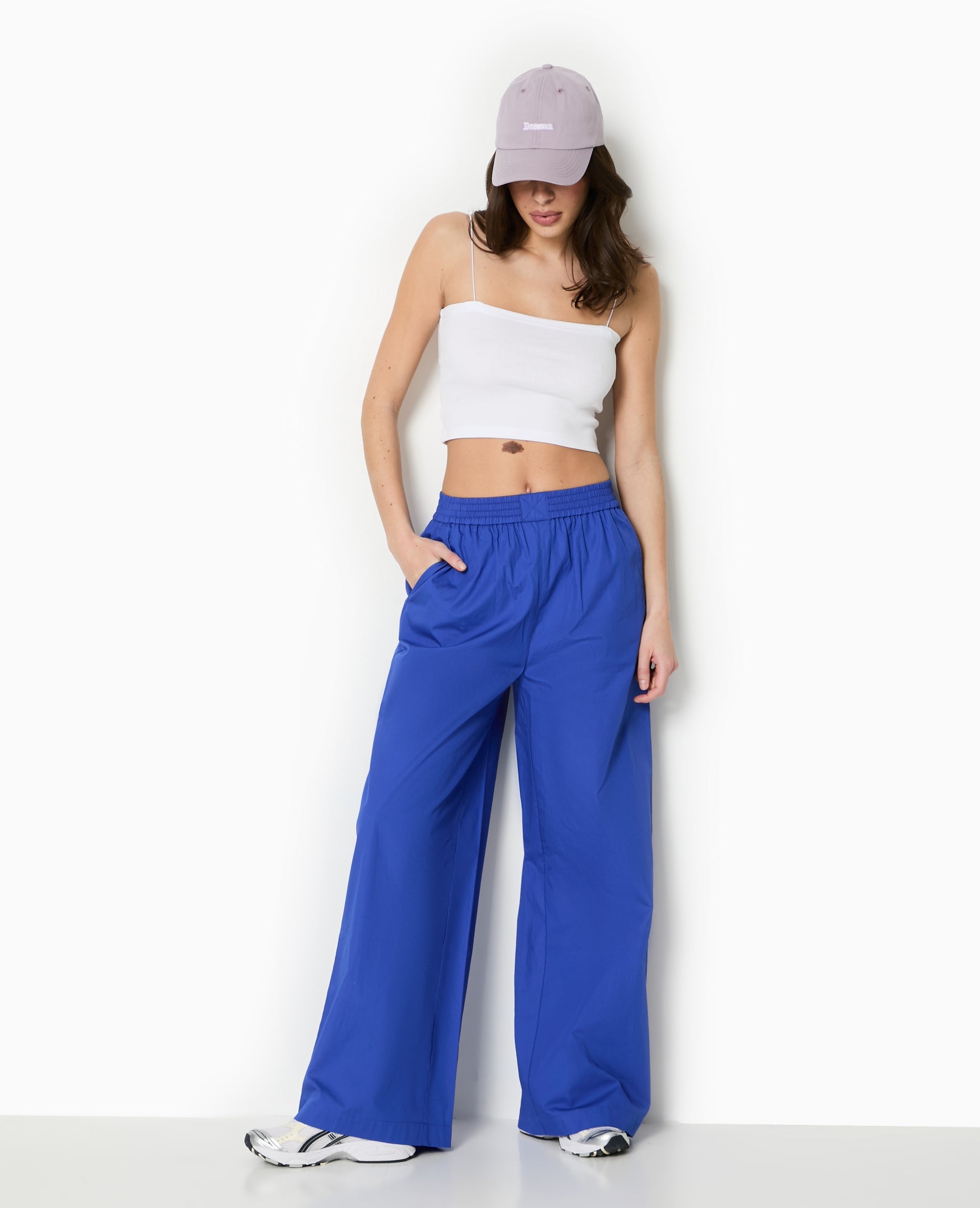 Pantalon large en popeline taille élastiquée