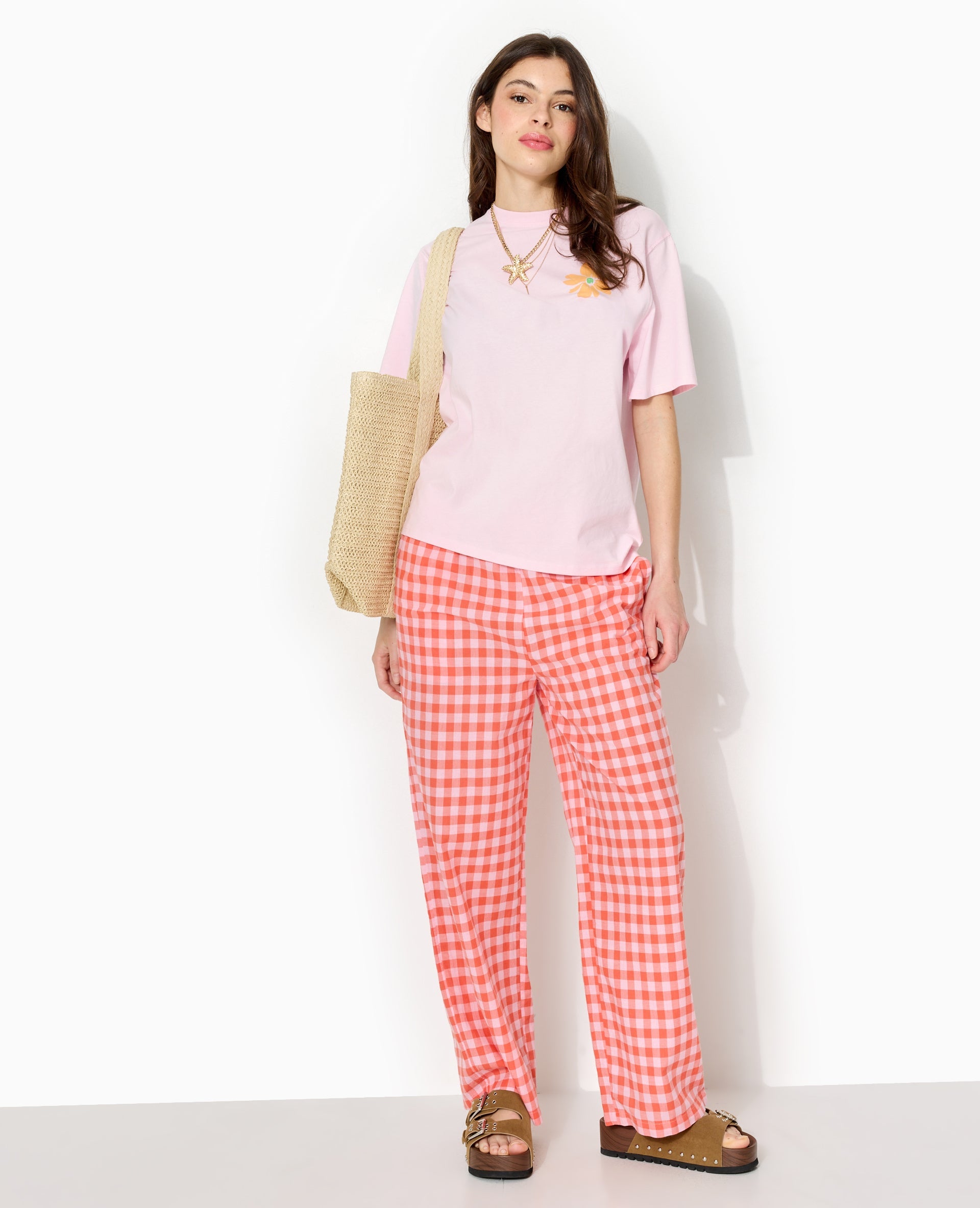 Pantalon droit taille élastiquée motif vichy