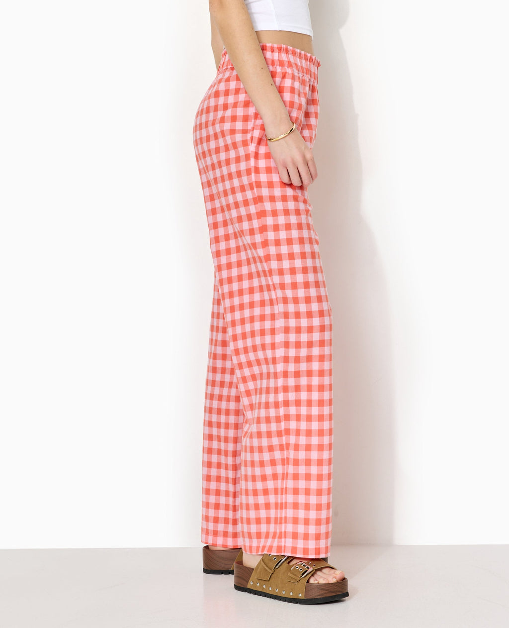 Pantalon droit taille élastiquée motif vichy