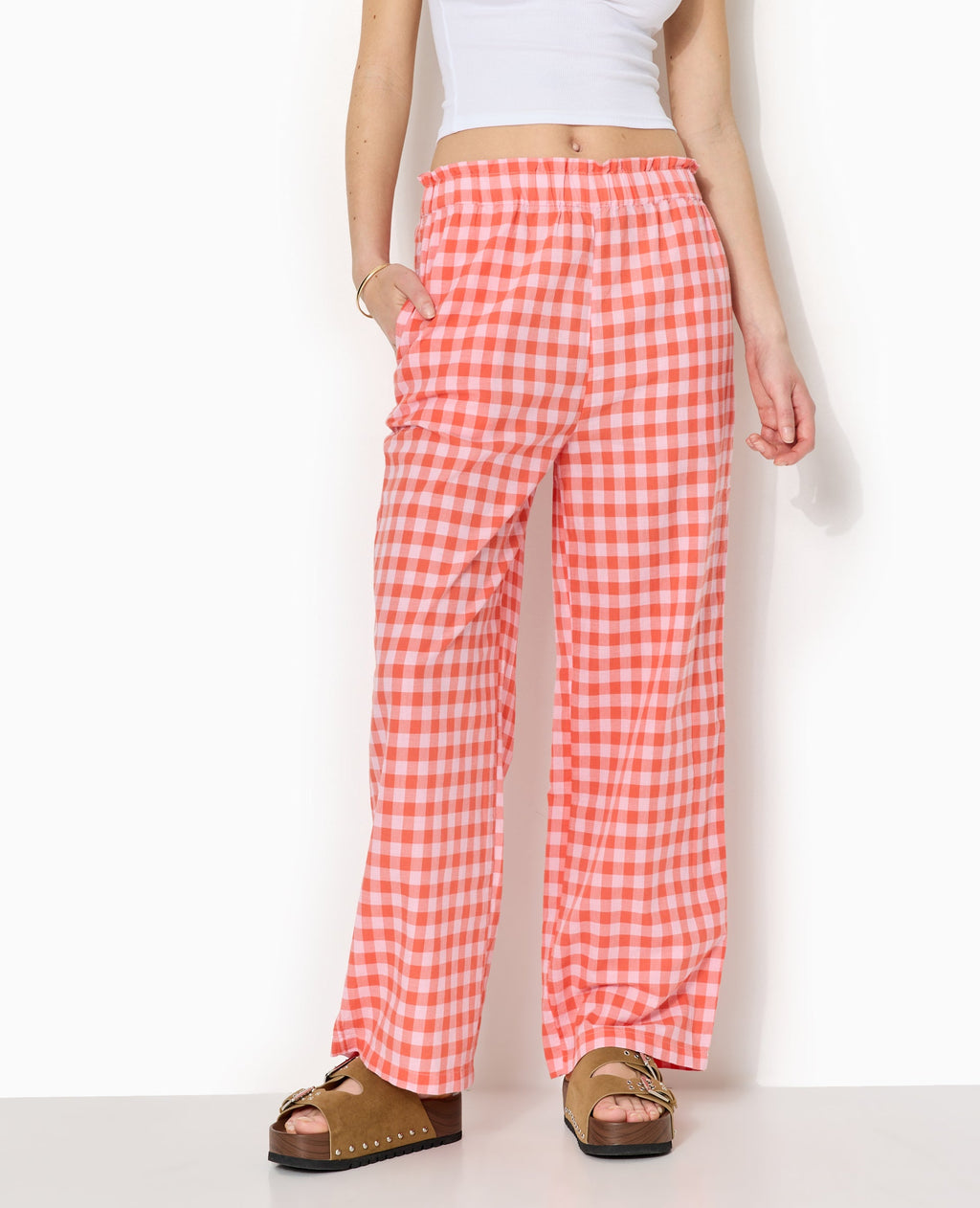 Pantalon droit taille élastiquée motif vichy