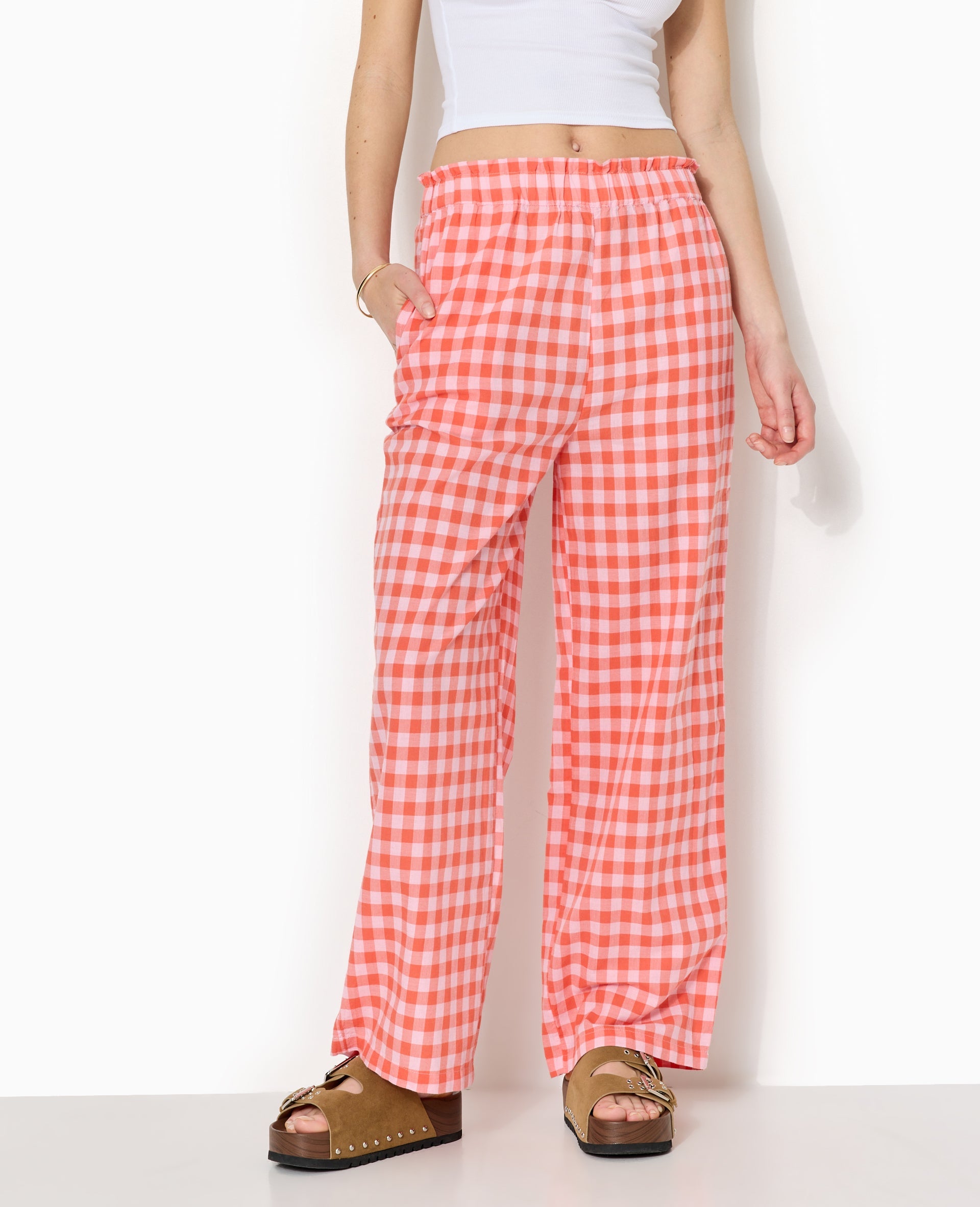 Pantalon droit taille élastiquée motif vichy