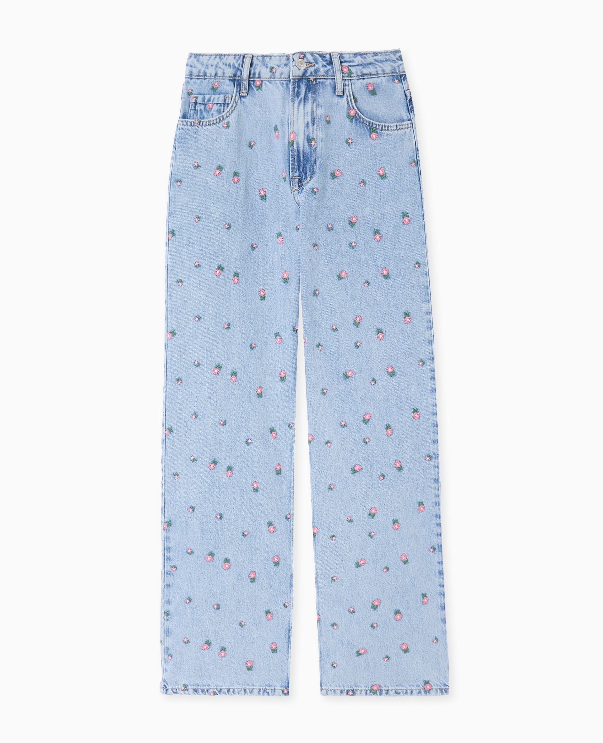 Jean straight taille haute avec broderies fleurs