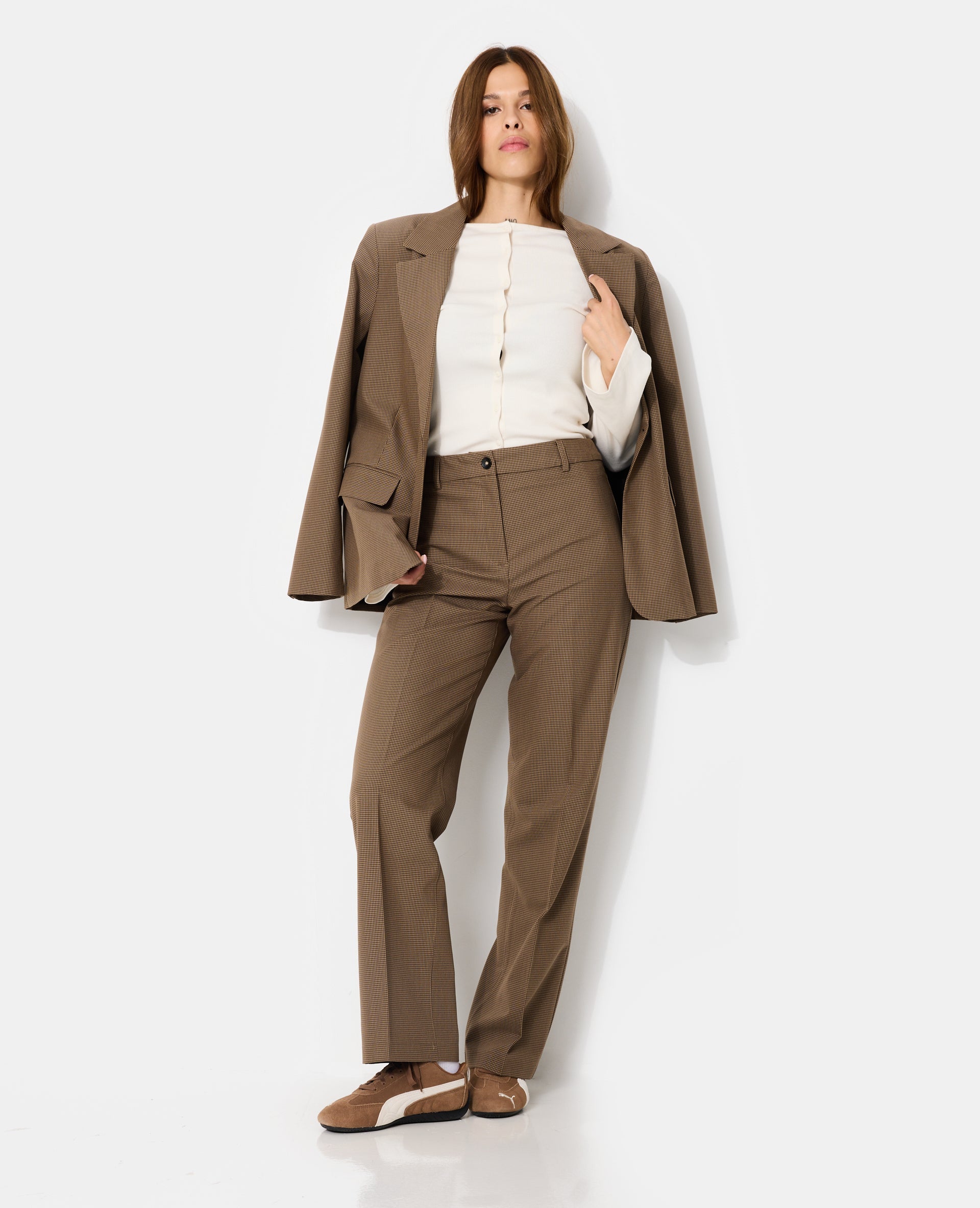 Pantalon droit motif mini pied-de-poule