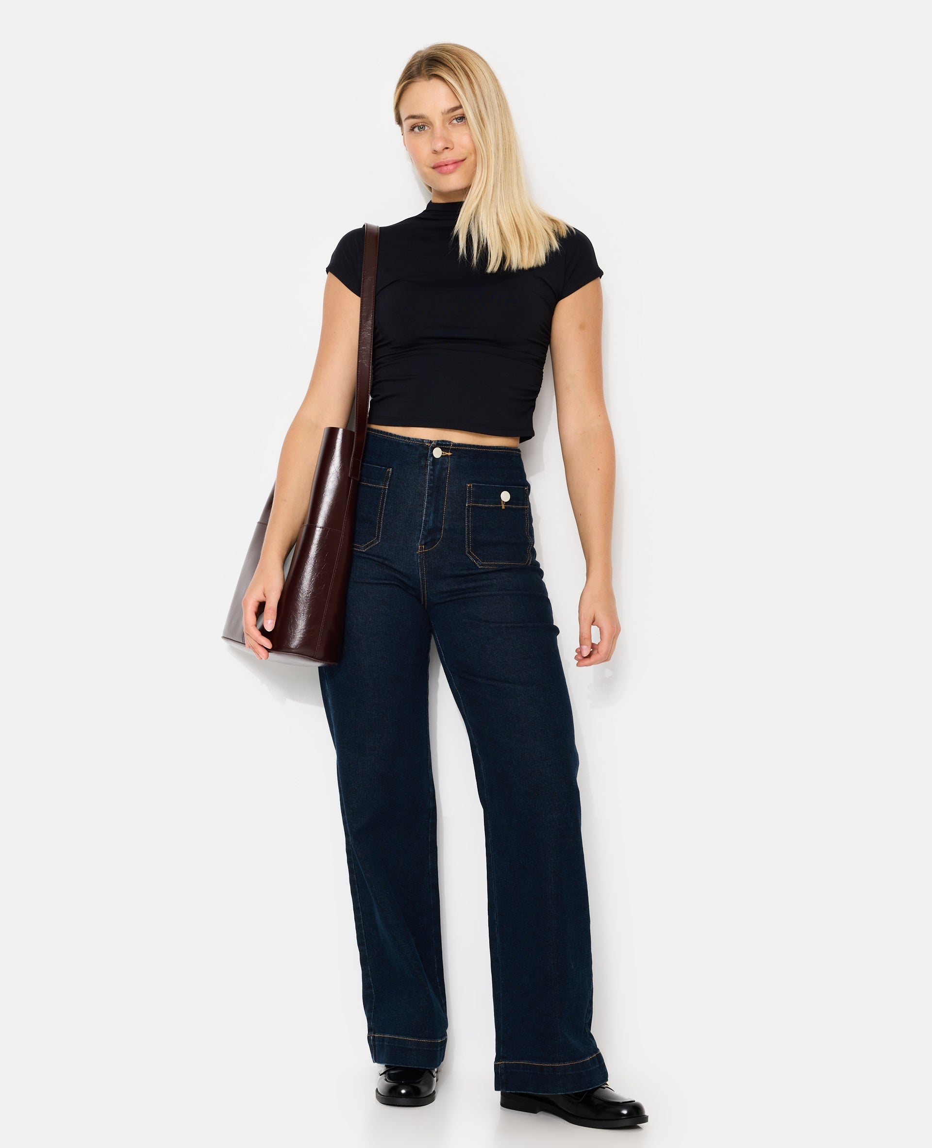 Jean wide taille haute avec poches devant