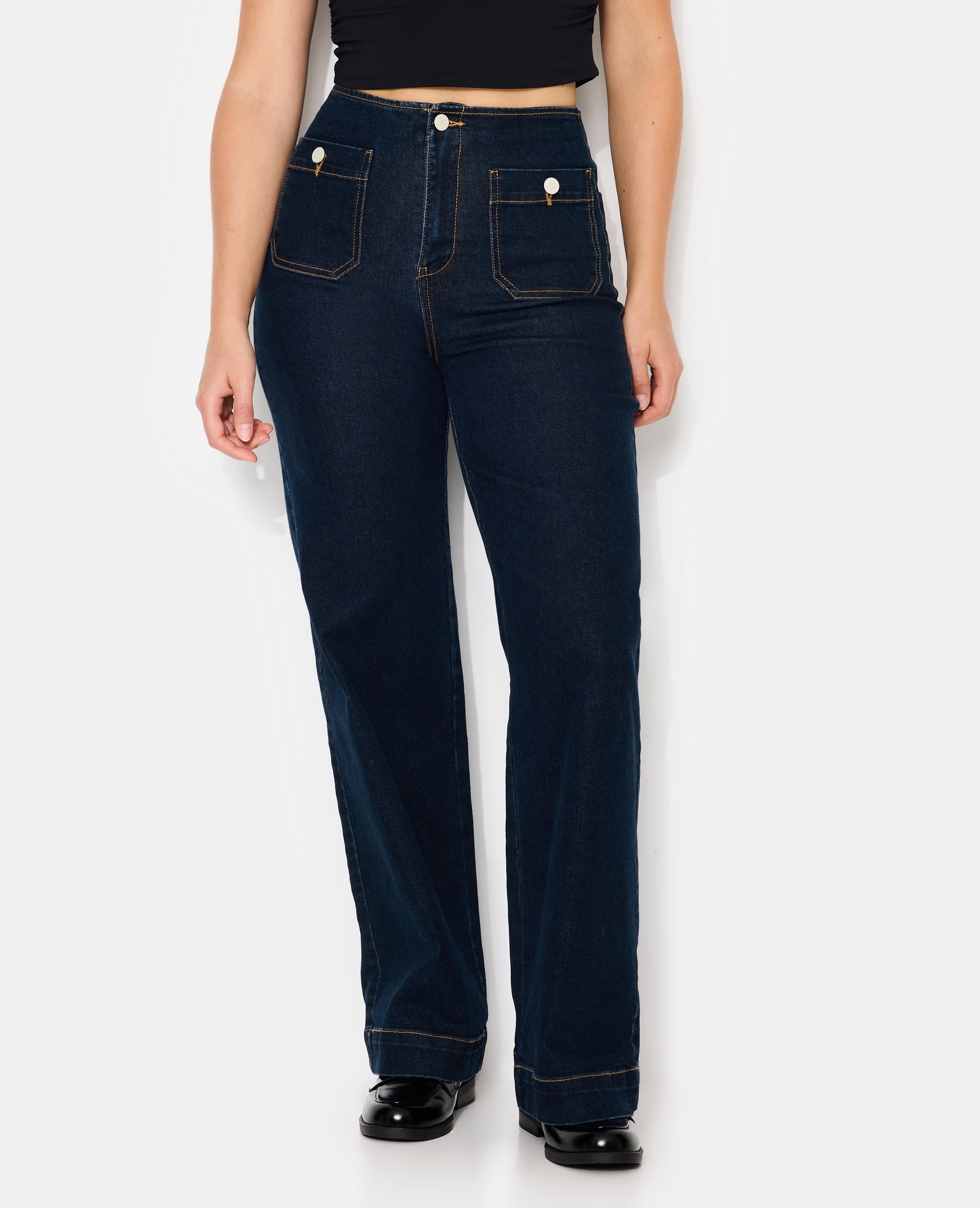 Jean wide taille haute avec poches devant