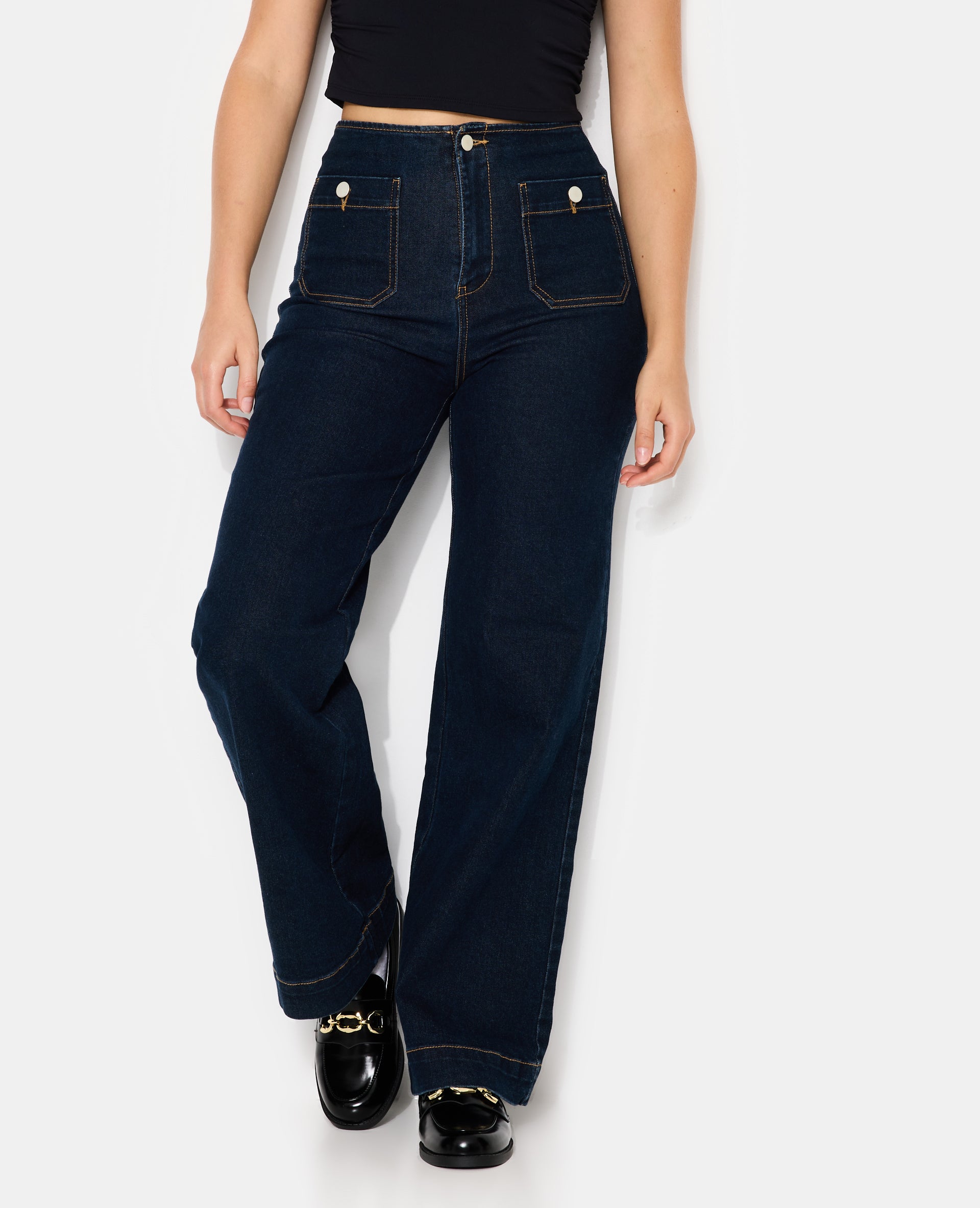 Jean wide taille haute avec poches devant