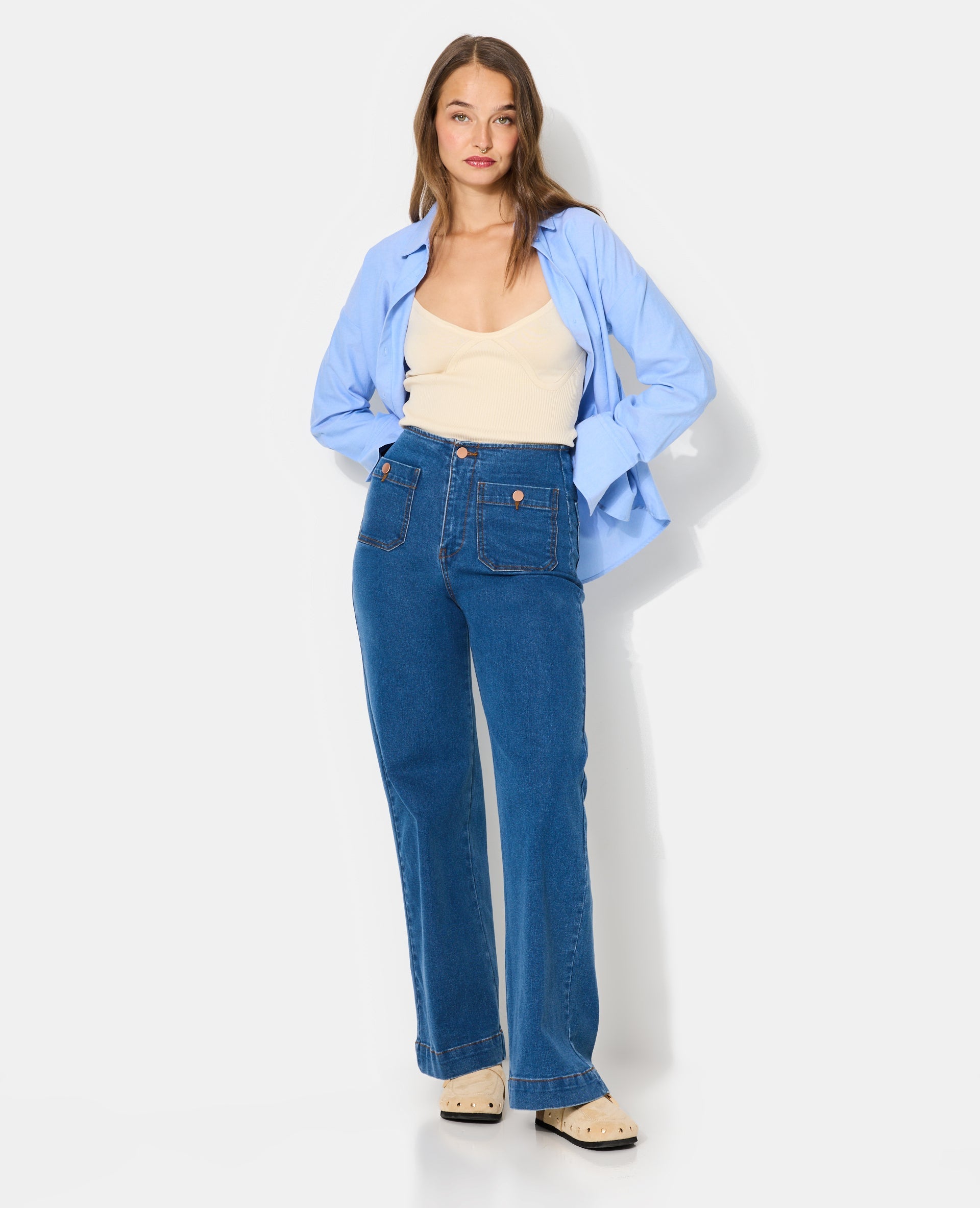 Jean wide taille haute avec poches devant