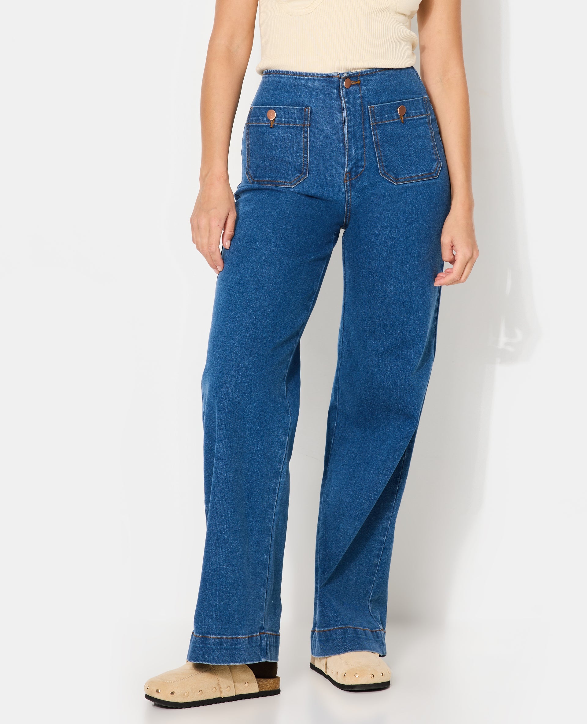 Jean wide taille haute avec poches devant