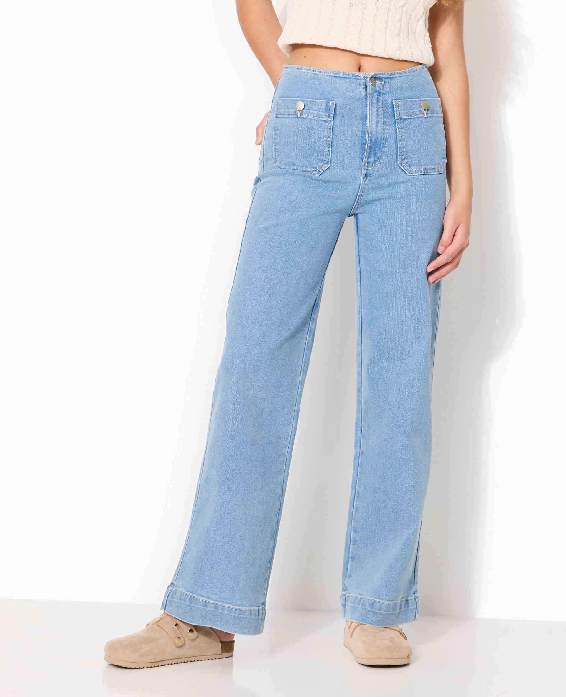 Jean wide taille haute avec poches devant