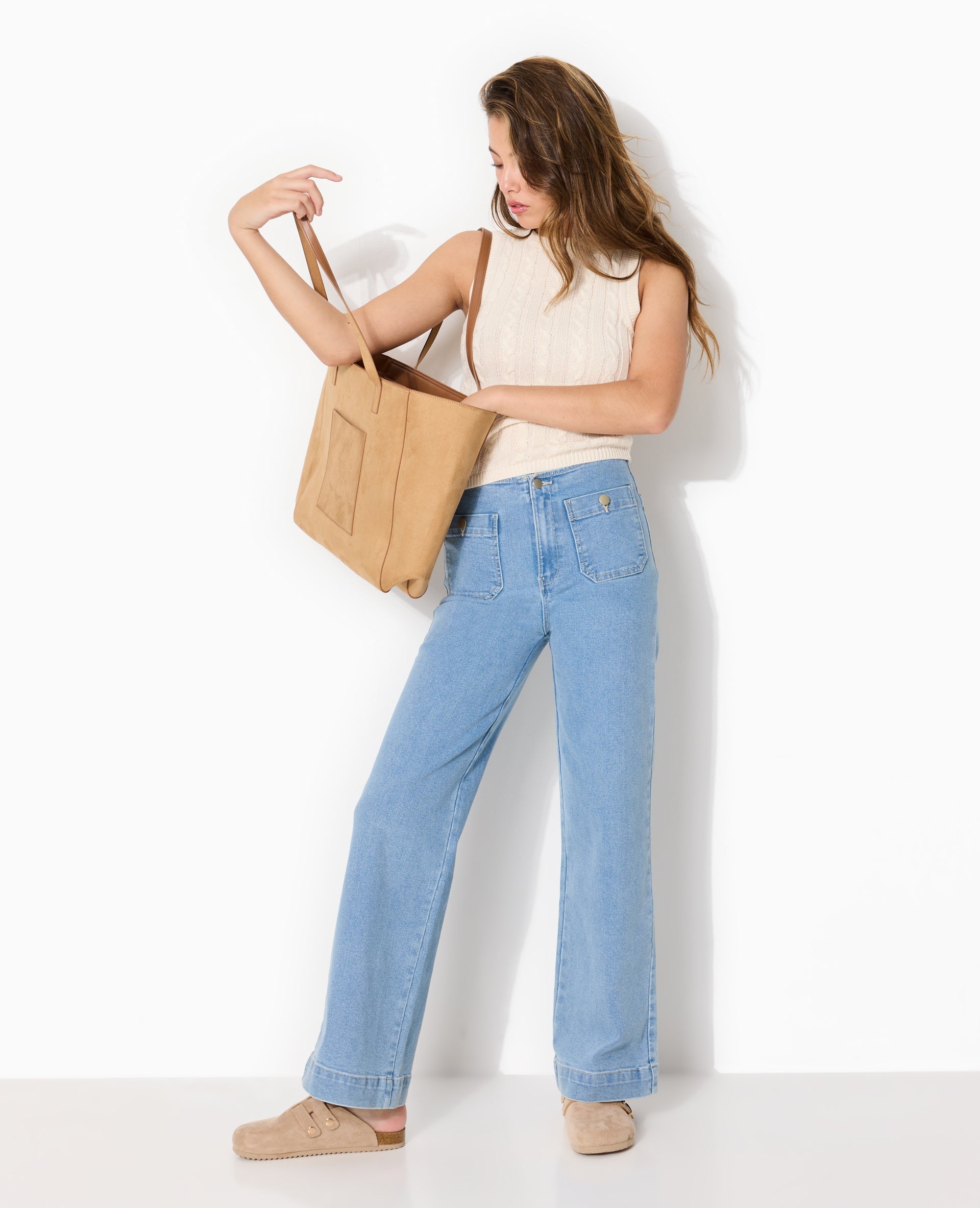 Jean wide taille haute avec poches devant