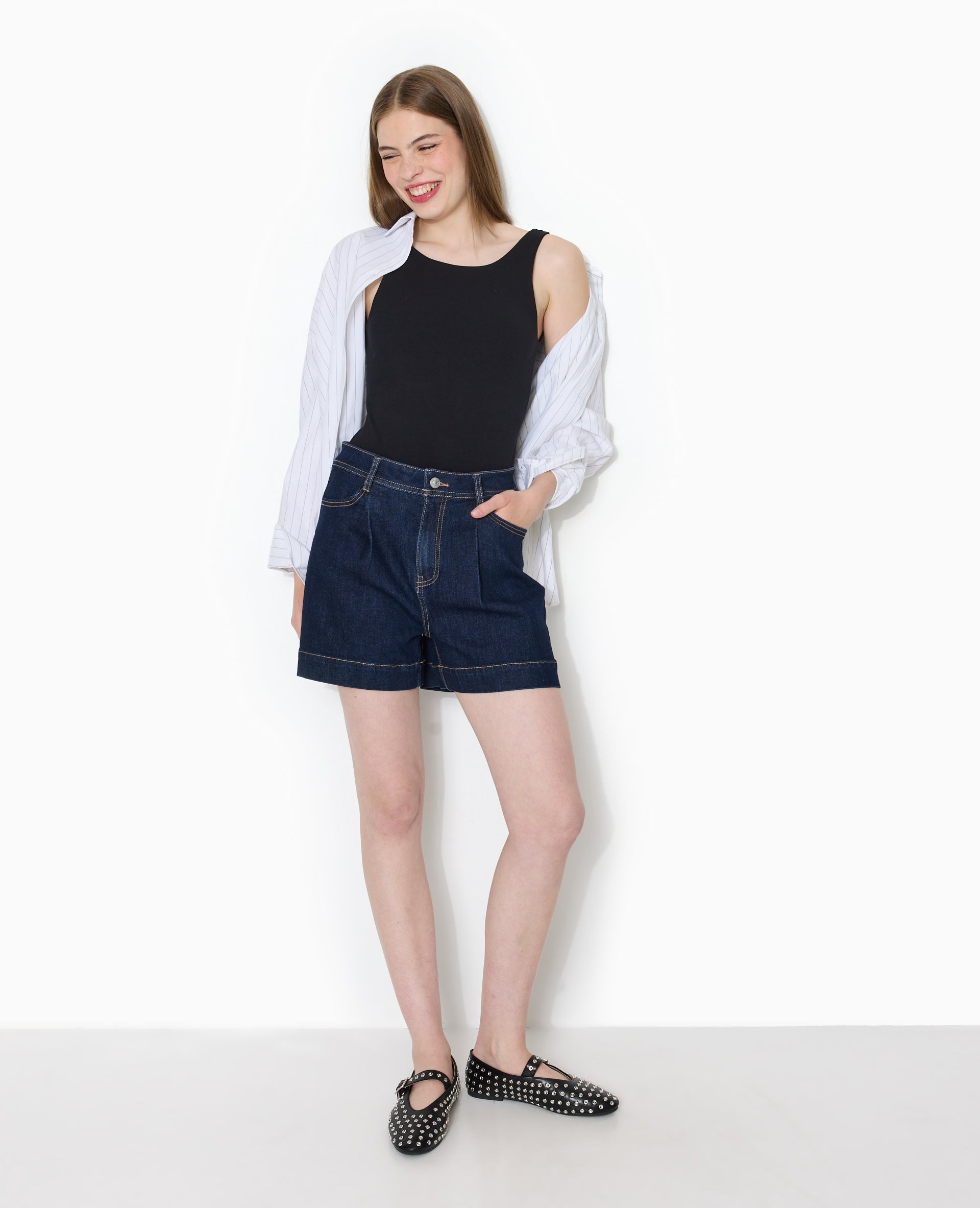 Short taille haute en jean avec pinces