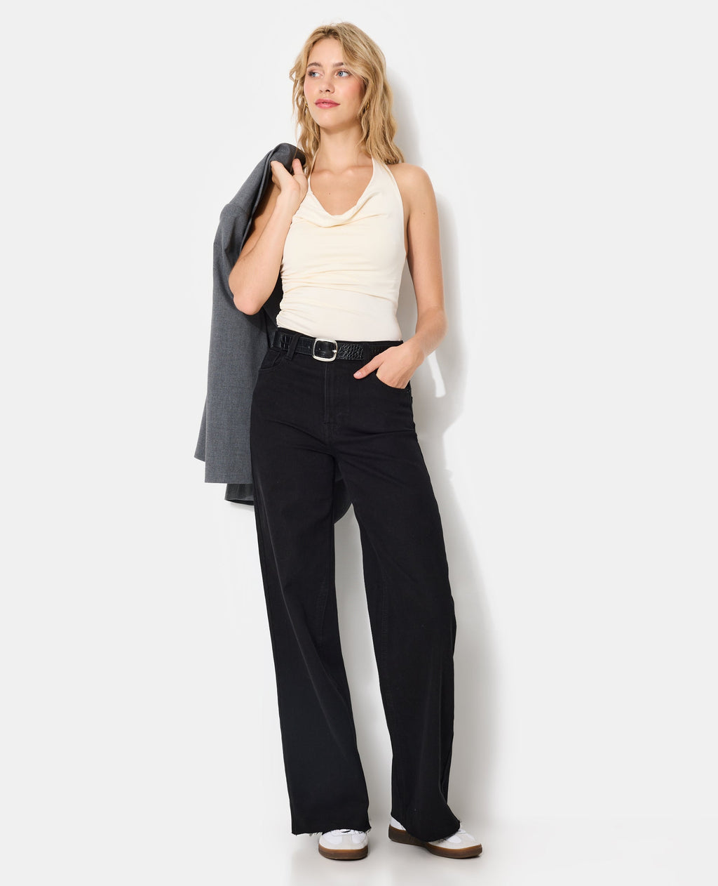 Jean wide stretch taille haute bas coupés