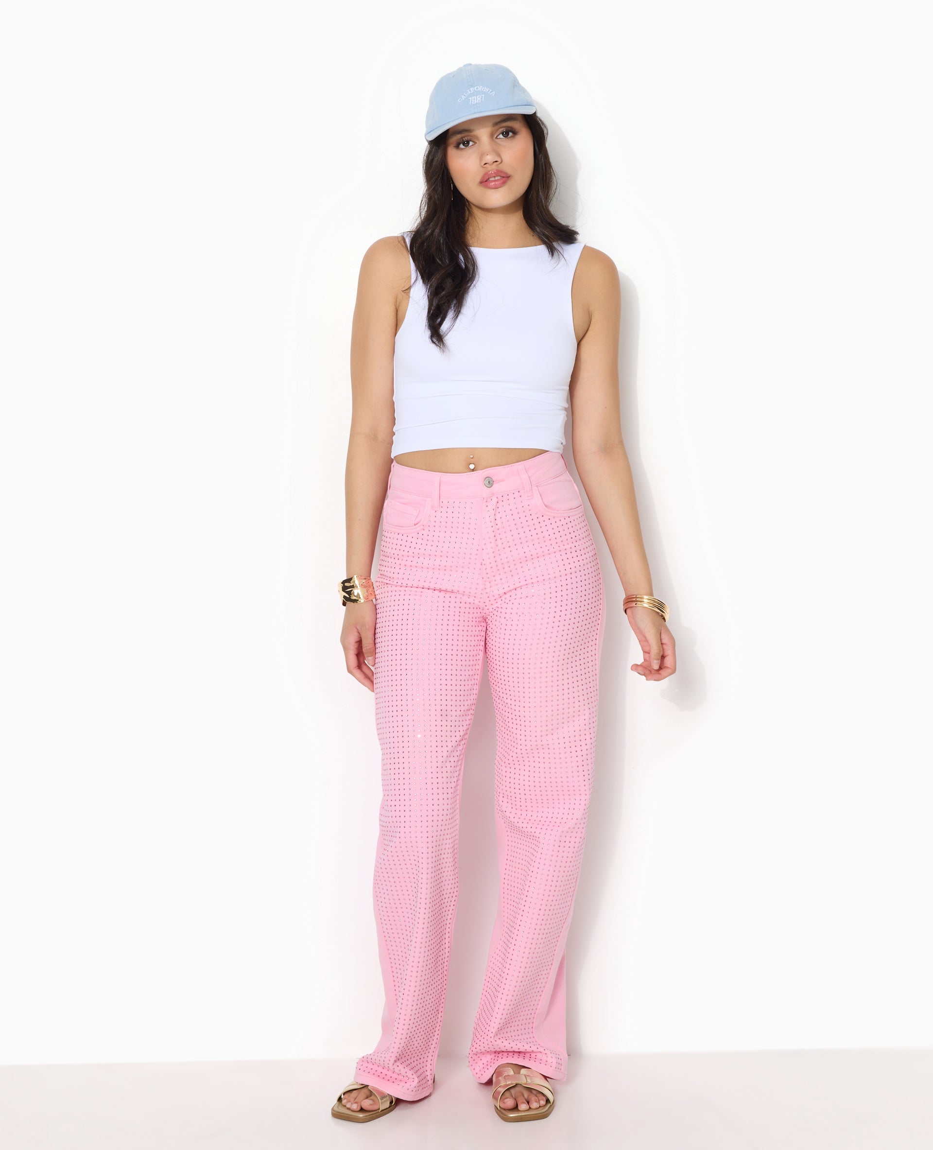 Jean droit taille haute avec strass devant