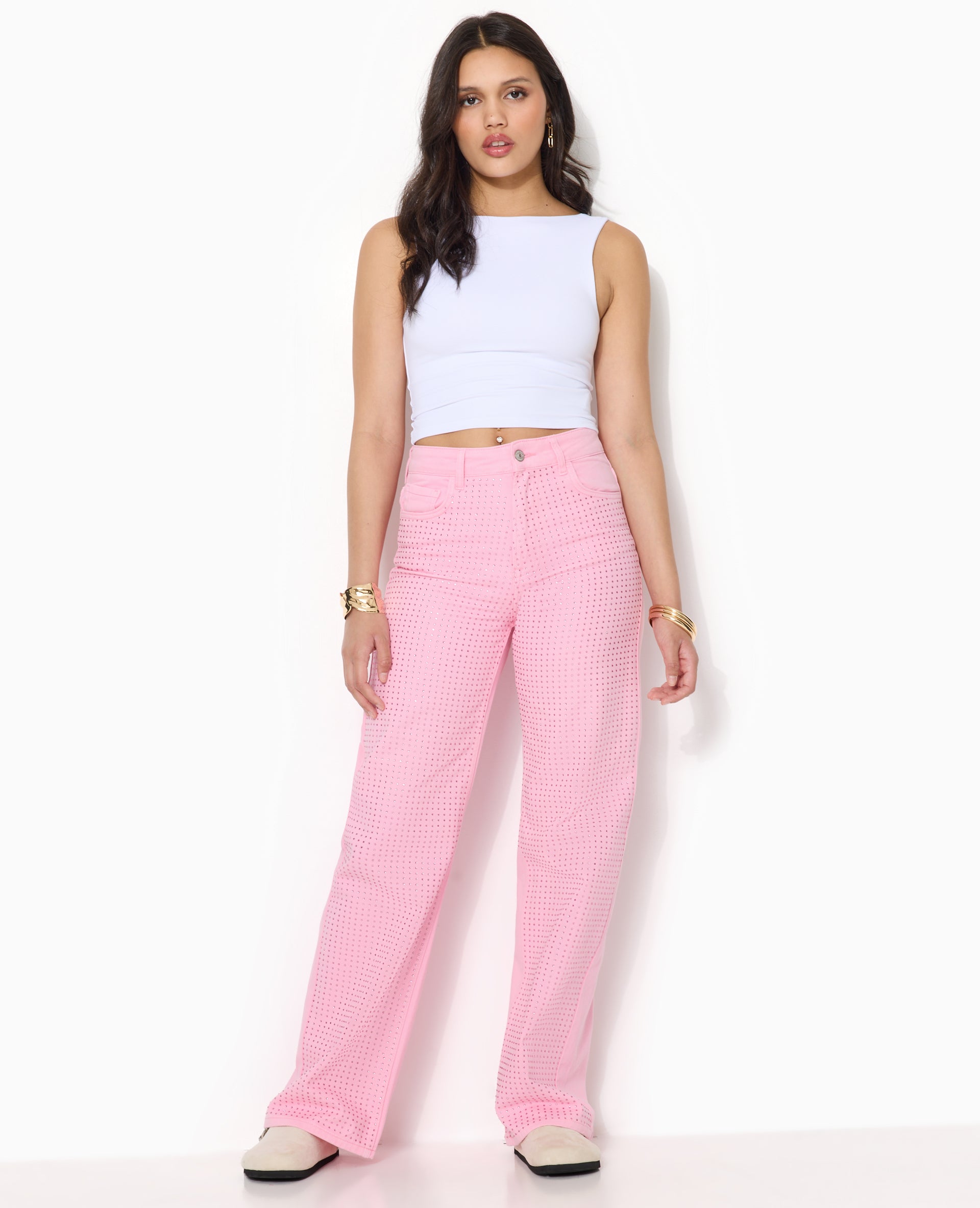 Jean droit taille haute avec strass devant