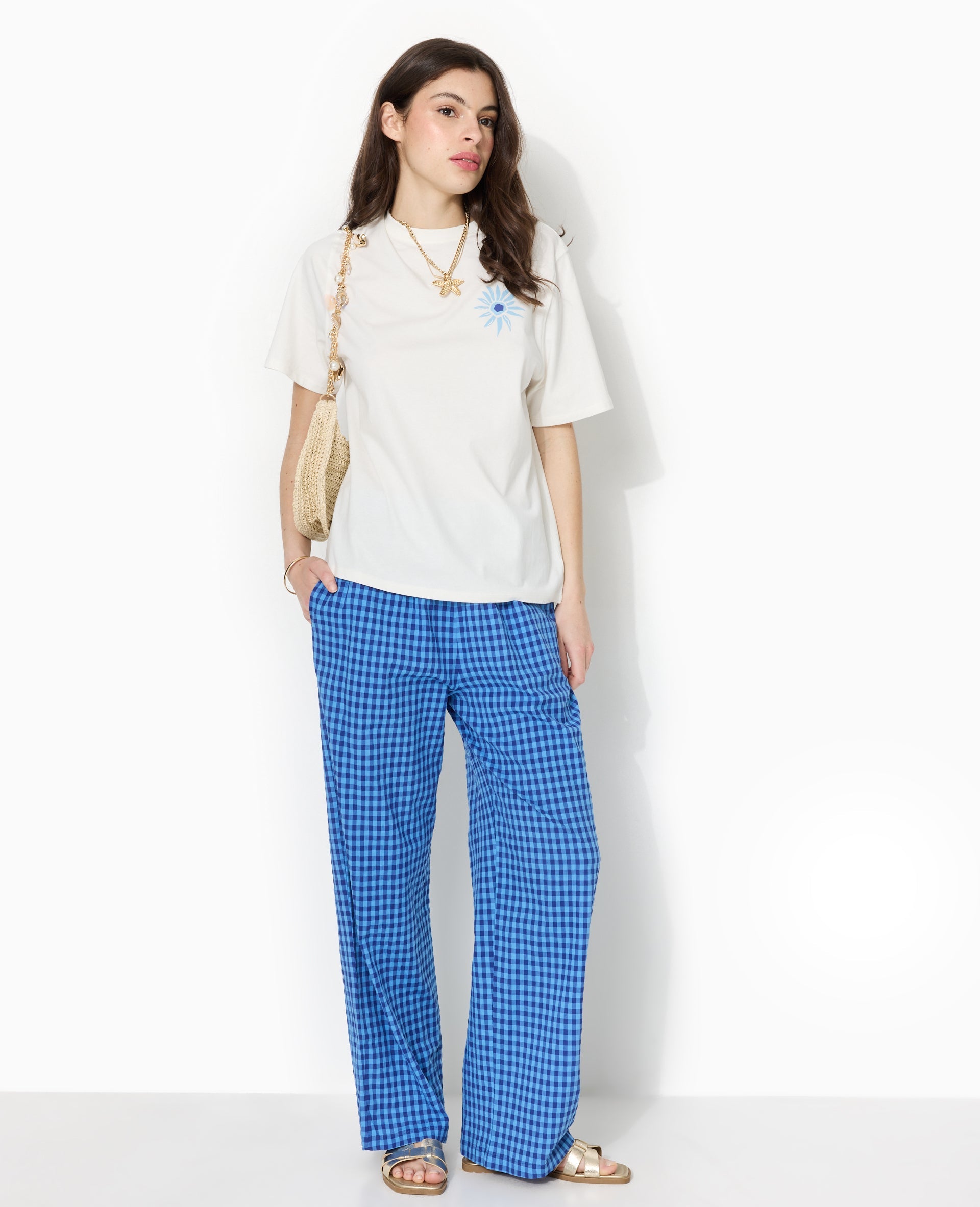 Pantalon large motif vichy
