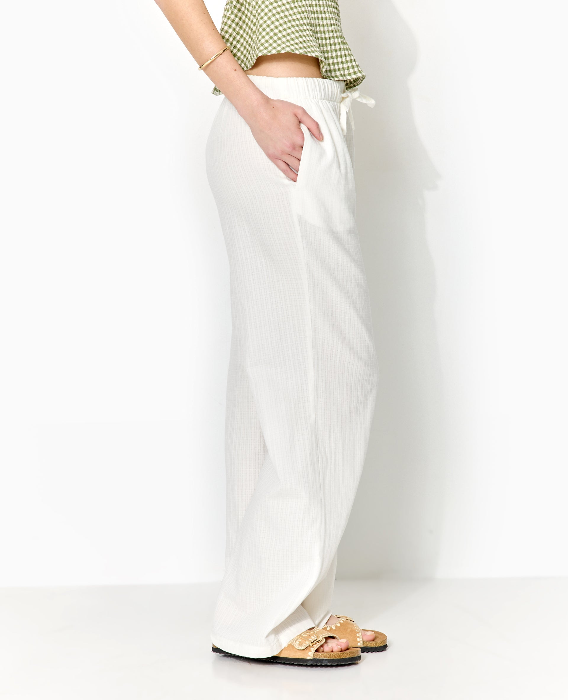 Pantalon droit en tissu effet quadrillé