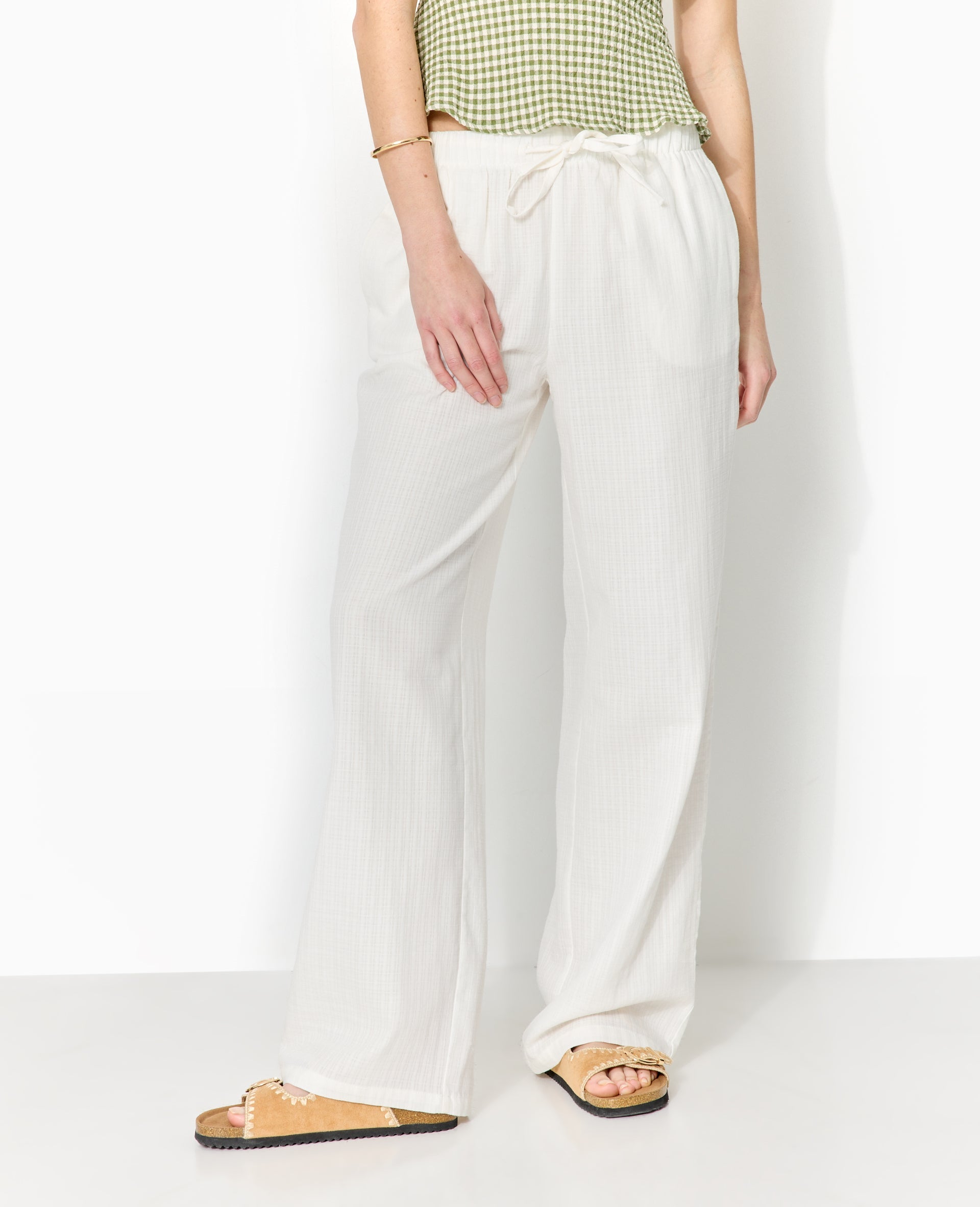 Pantalon droit en tissu effet quadrillé