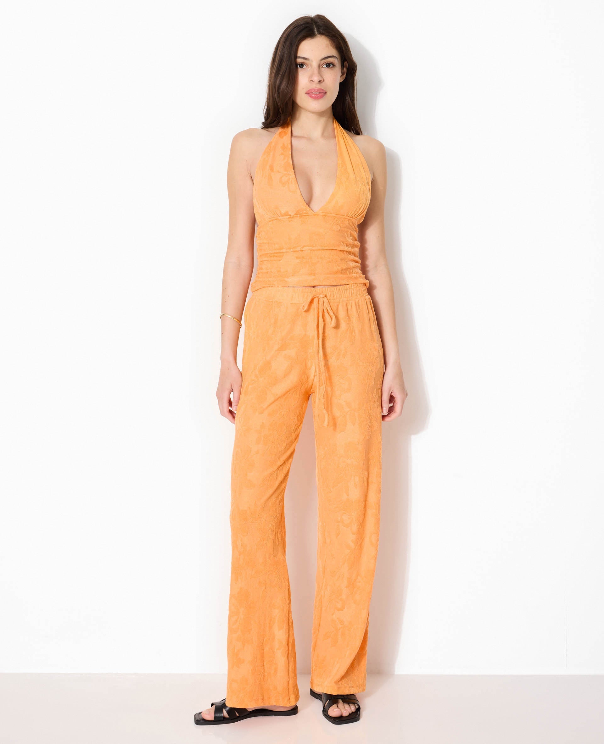 Pantalon ample en éponge jacquard motif fleurs