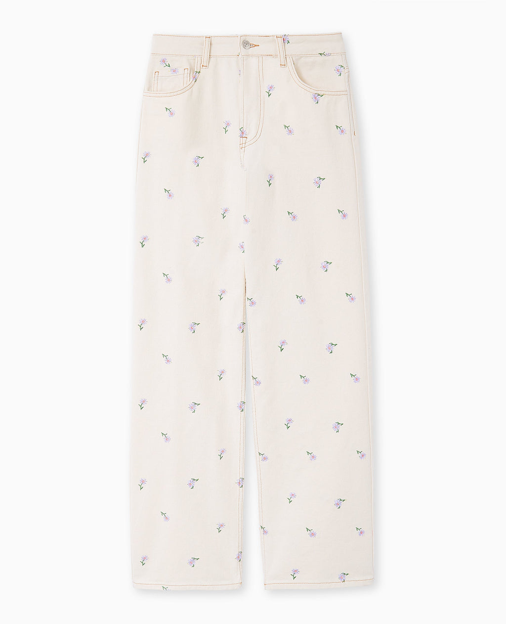 Jean straight taille haute avec broderies fleurs